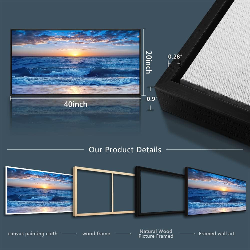 Sea Beach Framed Canvas Wall Art For Living Room Wall Decor For Bedroom Home Decor Blue Ocean Canvas Pictures Artwork Sunny Sea View Wave Painting Office Wall Decorations Black Framed 20" X 40"