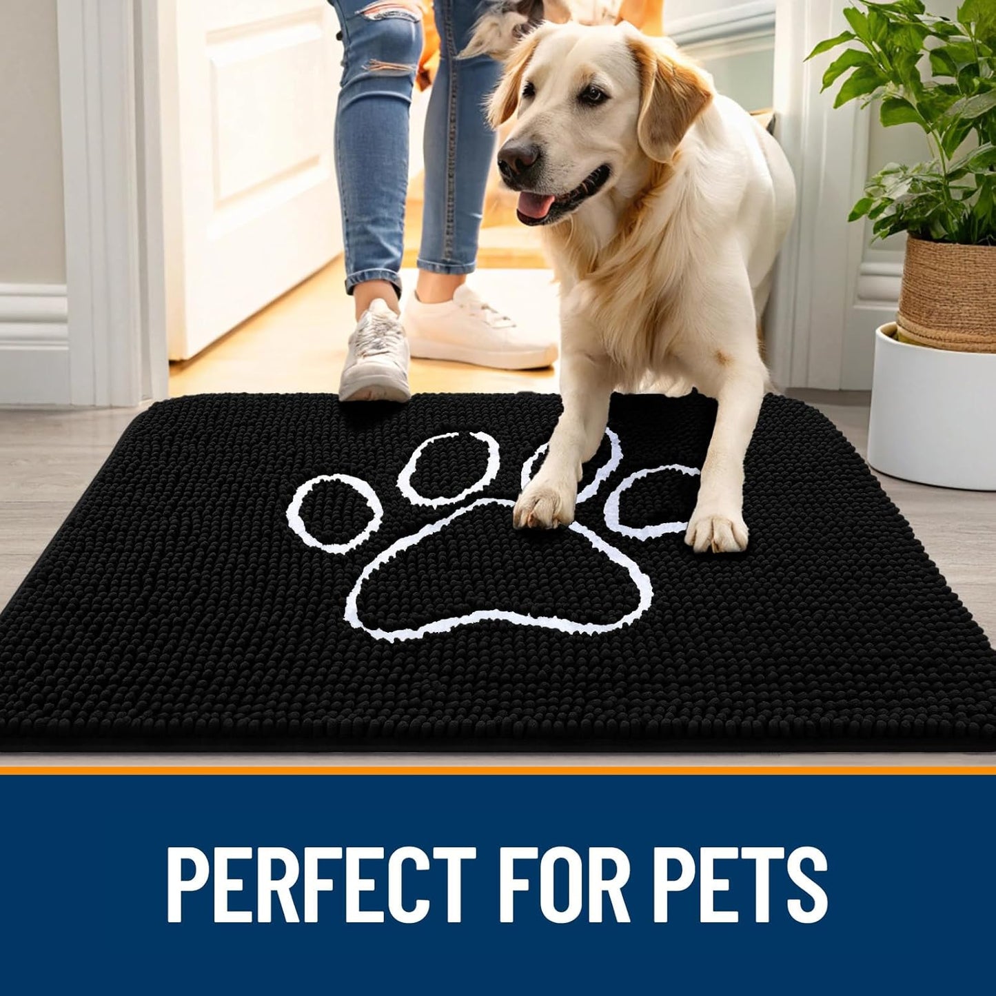 OLANLY Door Mat for Muddy Dog Paws 59x35, Ultra Absorbent Chenille Mud Doormat with Paw Print Design, Non-Slip Washable Doormat for Indoor Entryway, Quick-Dry Pet Bed Mats for Dirty Dogs, Black