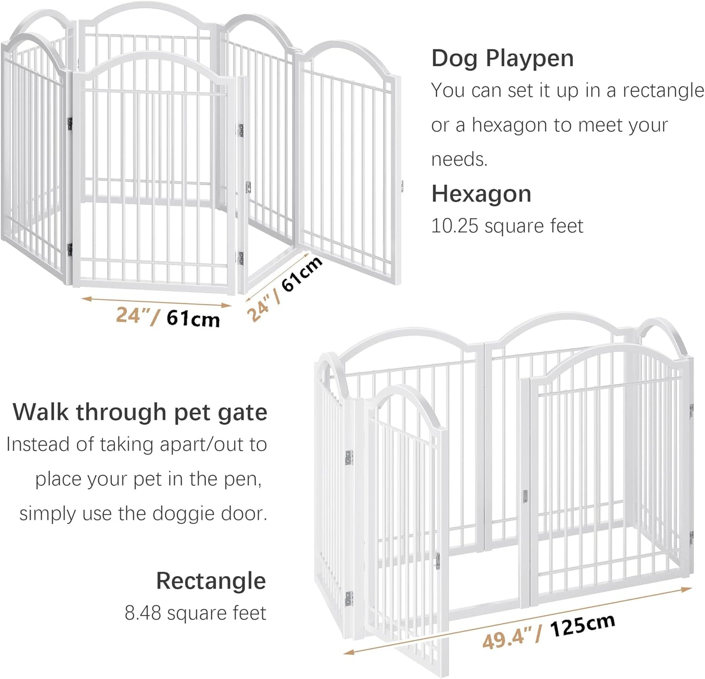 BHG Metal No-Assembly Freestanding Dog Gate with Door Walk Through, Extra Wide 144", Extra Tall 32" Pet Gate, Accordion Puppy Folding Playpen Dog Fence, with 2PCS Support (White, 6 panesl)