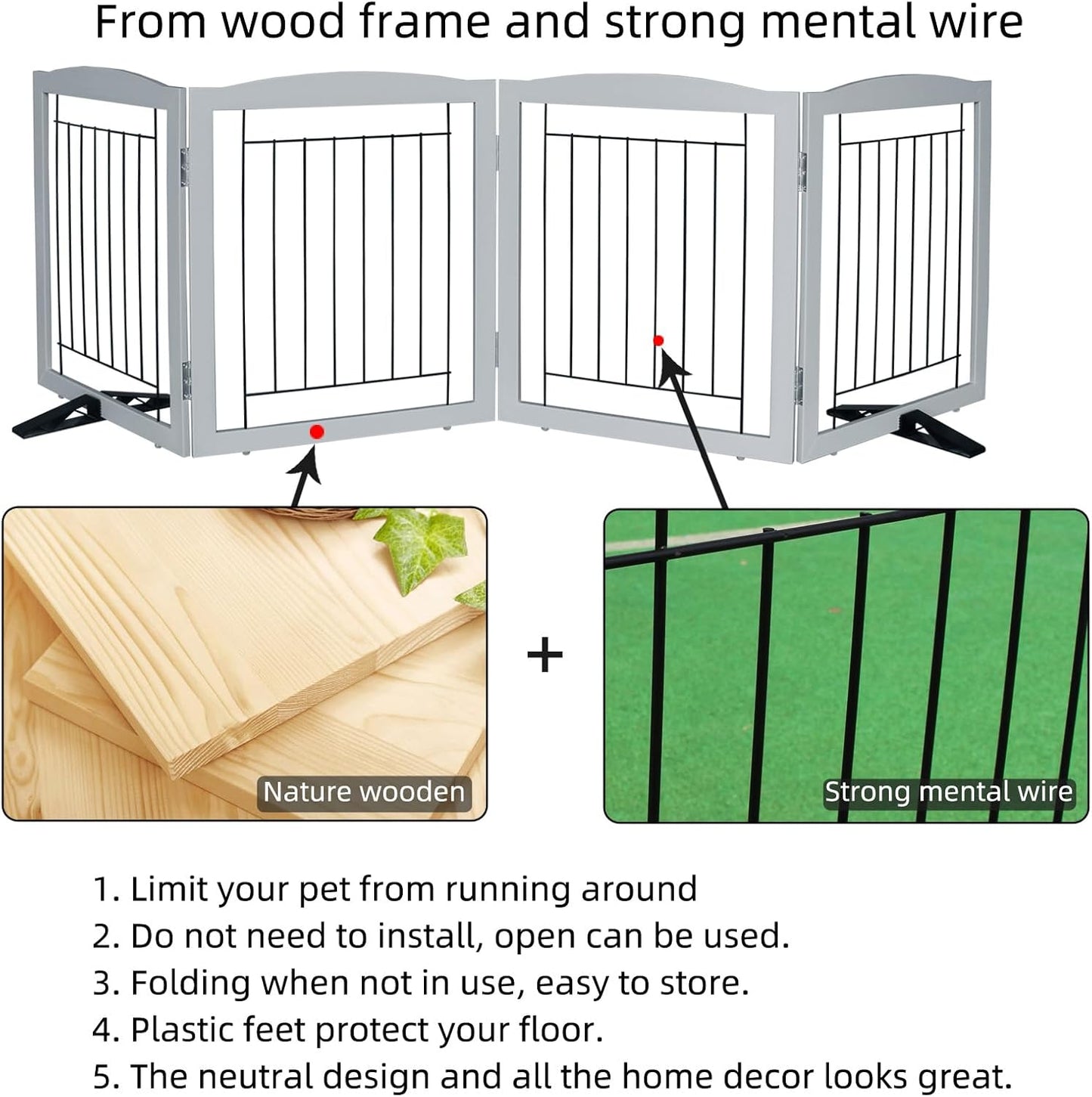 ZJSF Freestanding Dog Fence Indoor, Foldable Dog Gate for Doorways, Stairs or Hallways, Sturdy Wood Extra Wide Pet Gate with Support Feet for The House, Grey, 24 "Height-4 Panels