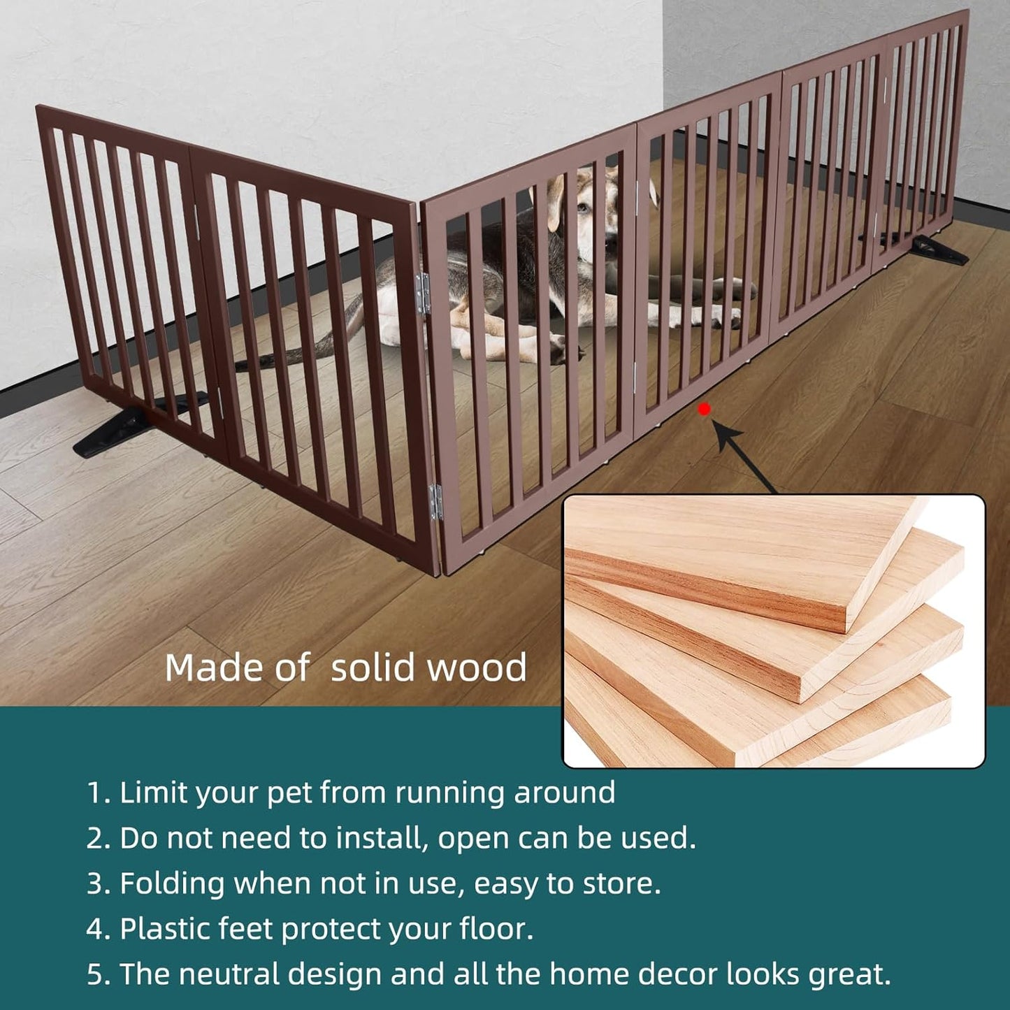 ZJSF Freestanding Indoor Dog Gate for House Foldable Wood Puppy Gate for Doorways Pet Gate for Stairs Extra Wide Pet Fence, Brown, 24" Height 6 Panels