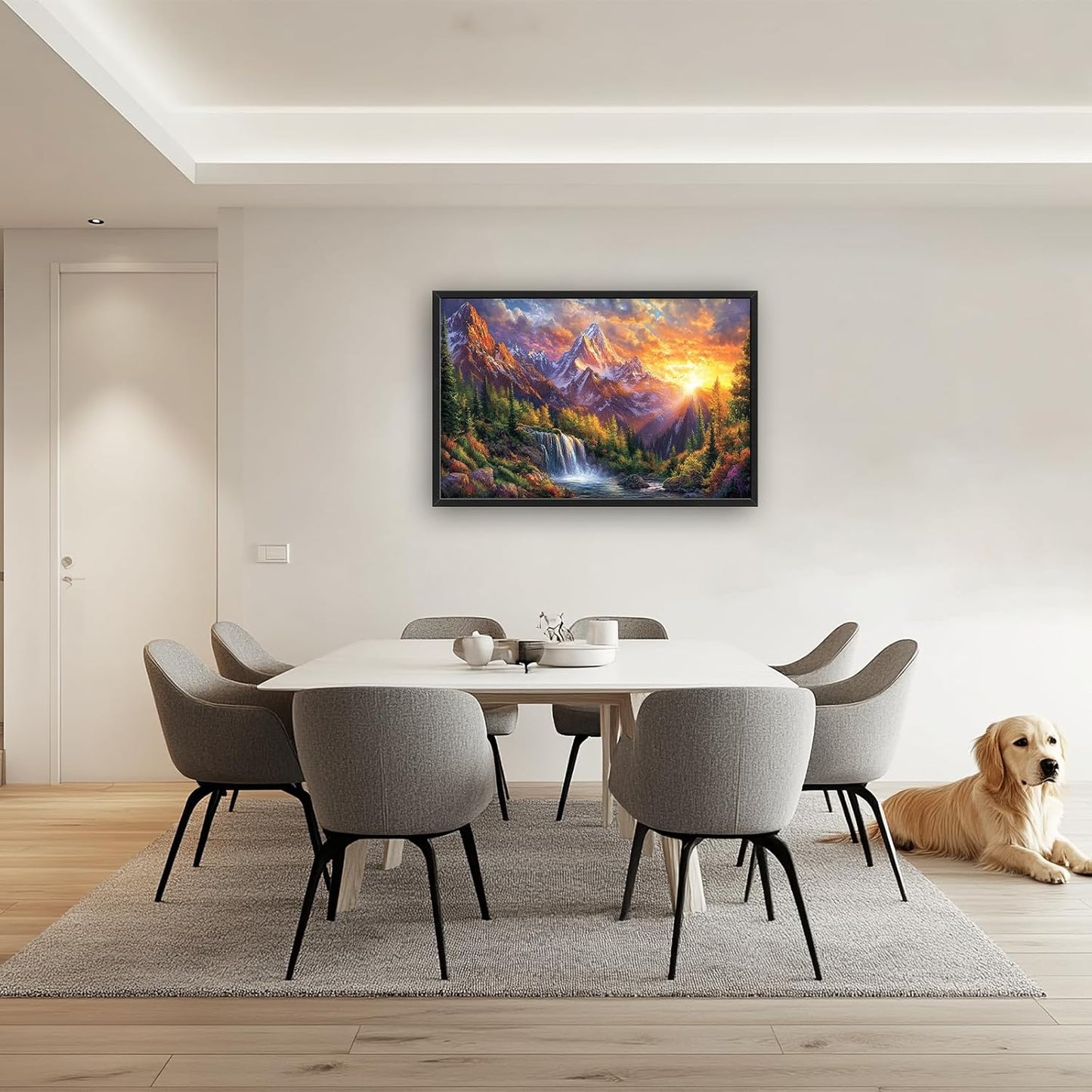 Large Mountain Tree Wall Art for Living Room, Framed Oversized Sunset Waterfall Wall Decor Nature Landscape Canvas Painting Modern Artwork for Living Room Bathroom Bedroom Office Dining Room 36"x24"