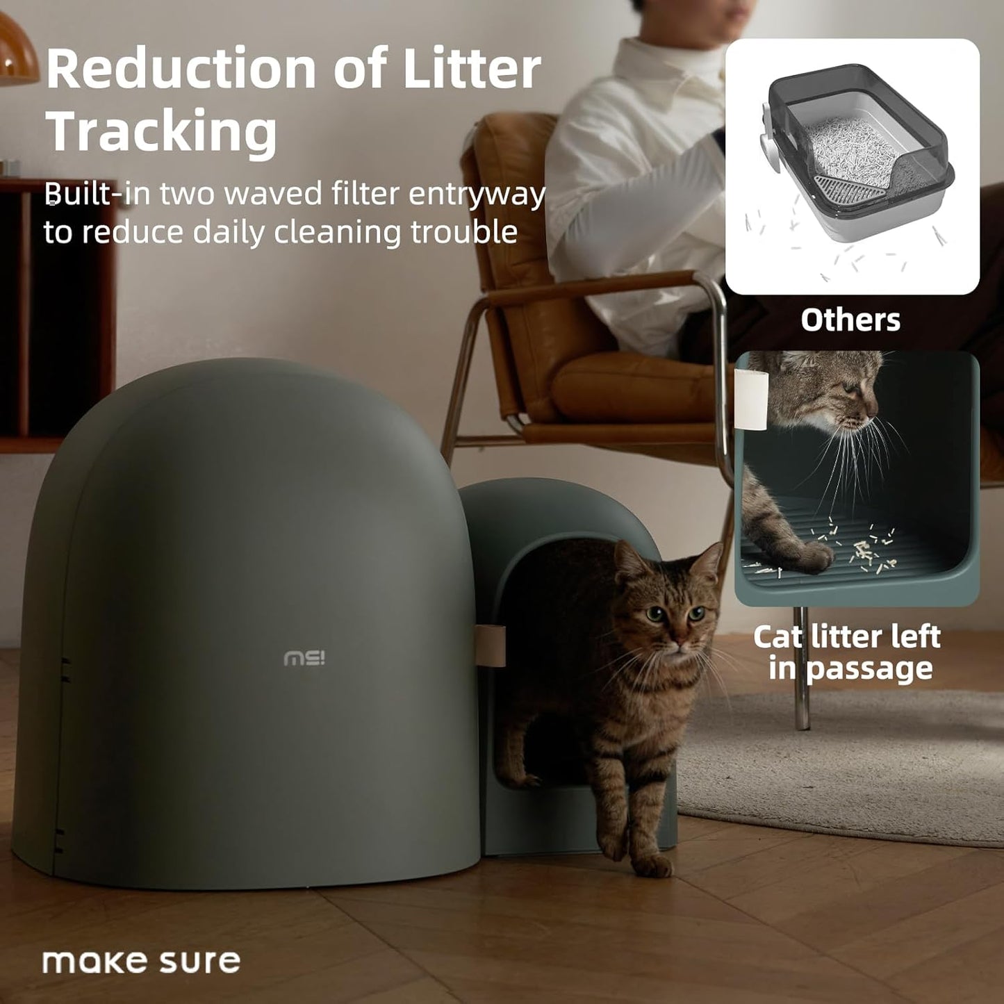 MS!MAKE SURE Cat Litter Box, Large Covered Hidden Dog Proof Closed Modern Cat Litter Box Furniture with Scoop, for Odor Control and Less Tracking, Easy to Clean,26.7"x19.6"19.6", Moss Green