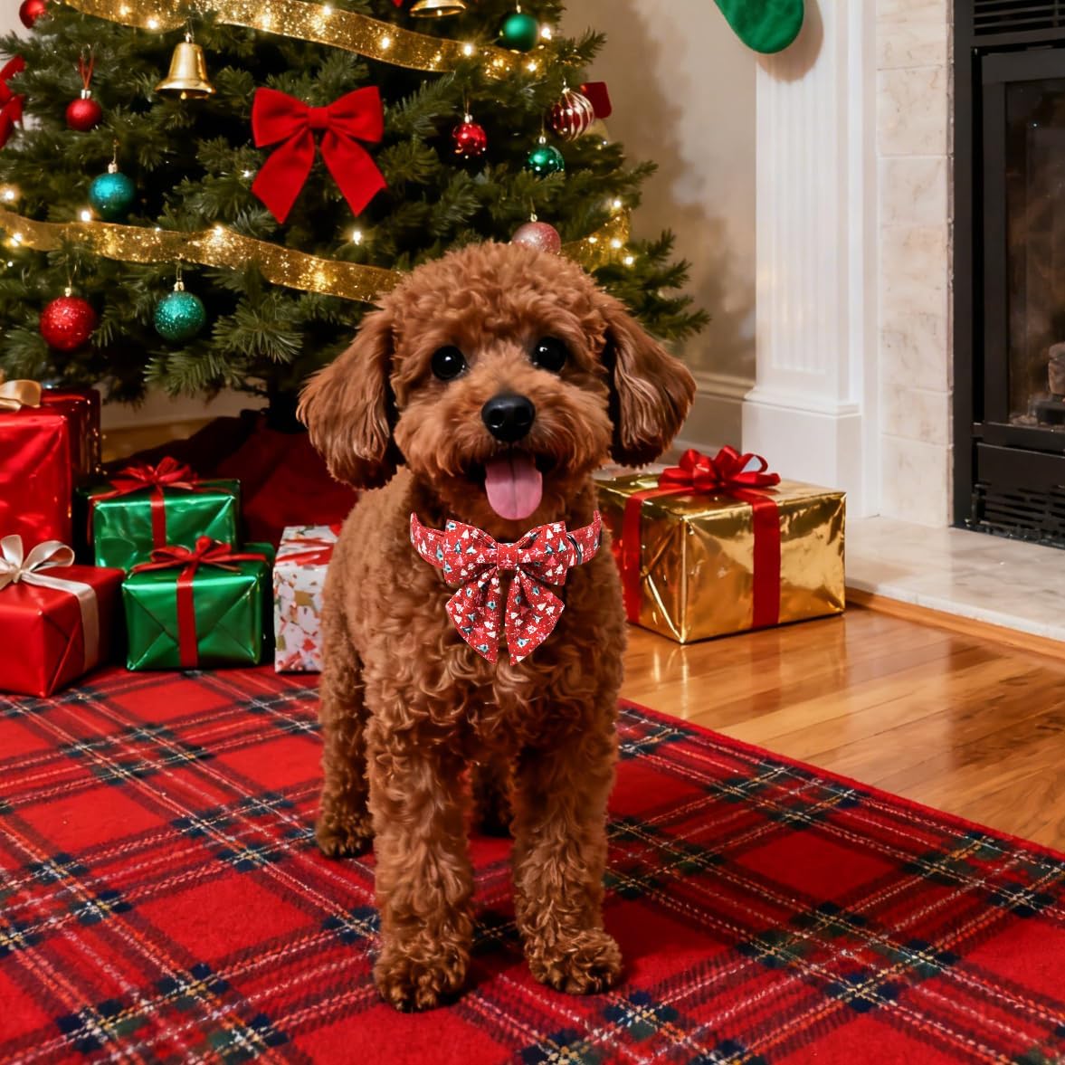 Lionet Paws Christmas Dog Collar with Sailor Bow, Cute Christmas Tree Red Dog Collar Bow Tie for Dogs, Medium, Neck 13.5-22 inches