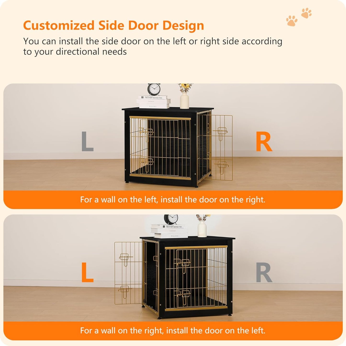 DWANTON Dog Crate Furniture with Cushion, Wooden Kennel Table with Double Doors, Indoor Dog House, Small/Medium/Large Size, 27.2" L, Black+Gold