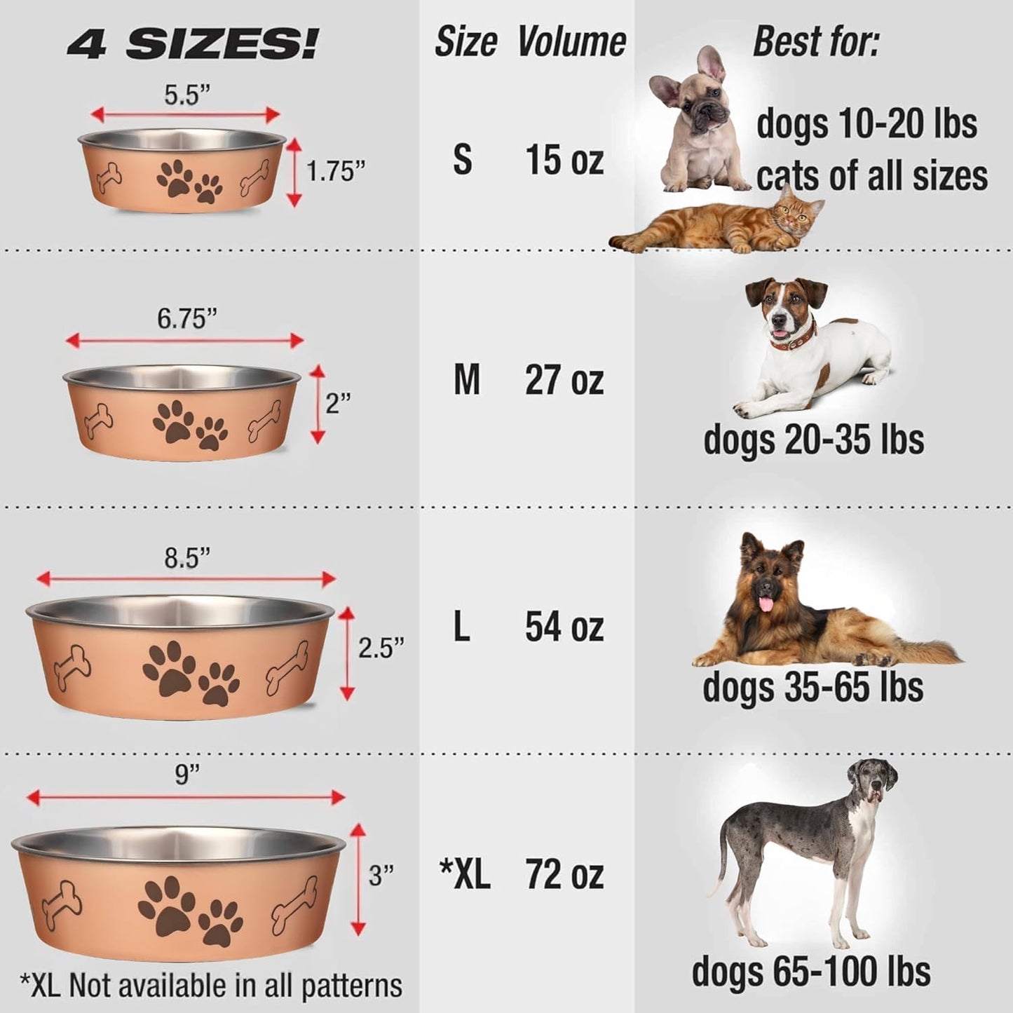 Loving Pets Bella Dog Bowls- Stainless Steel Dog & Cat Bowls - Spill Proof Dog Food Bowl, Cat Bowl, Puppy Essentials & Pet Supplies Great for Home & Travel (Large 35-65 lbs, Champagne)