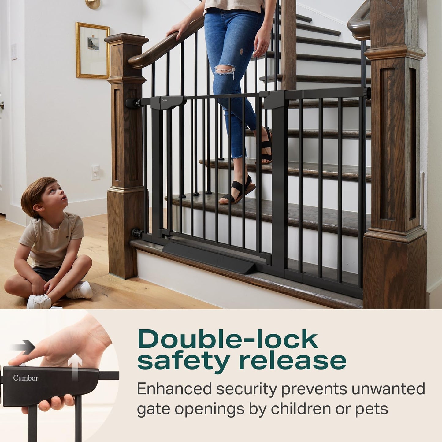 Cumbor 2 Pack 29.7-46" Baby Gate for Stairs, Mom's Choice Awards Winner-Auto Close Dog Gate for doorways, Easy Install Pressure Mounted Pet Gates indoor, Easy Walk Thru Wide Safety Gate for Dog, Black