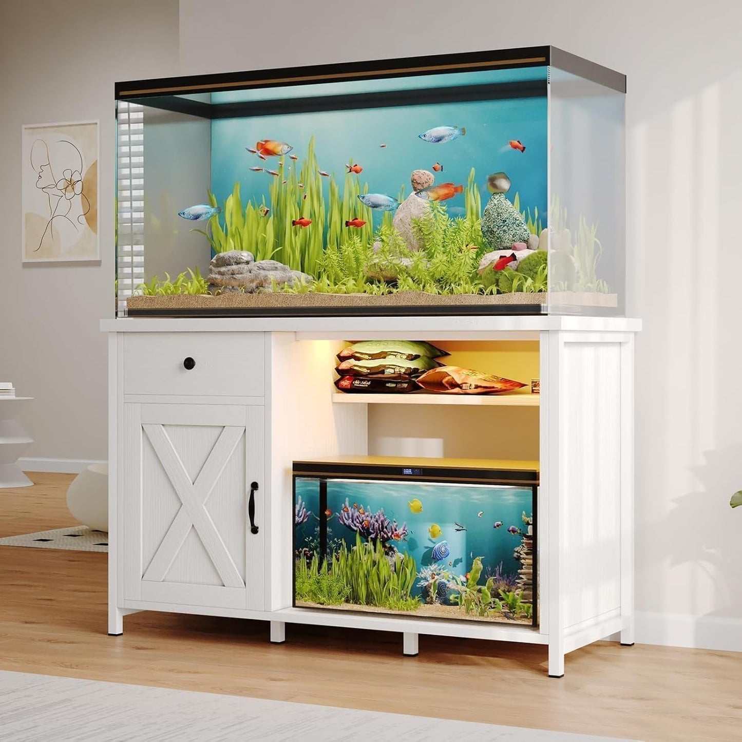 55 Gallon Fish Tank Stand with LED Light & Power Outlets, 55-75 Gallon Aquarium Stand with Drawer & Barn Door, 50" L x 20" W Cabinet for 2 Fish Tank Accessories Storage, Turtle Tank, Antique White