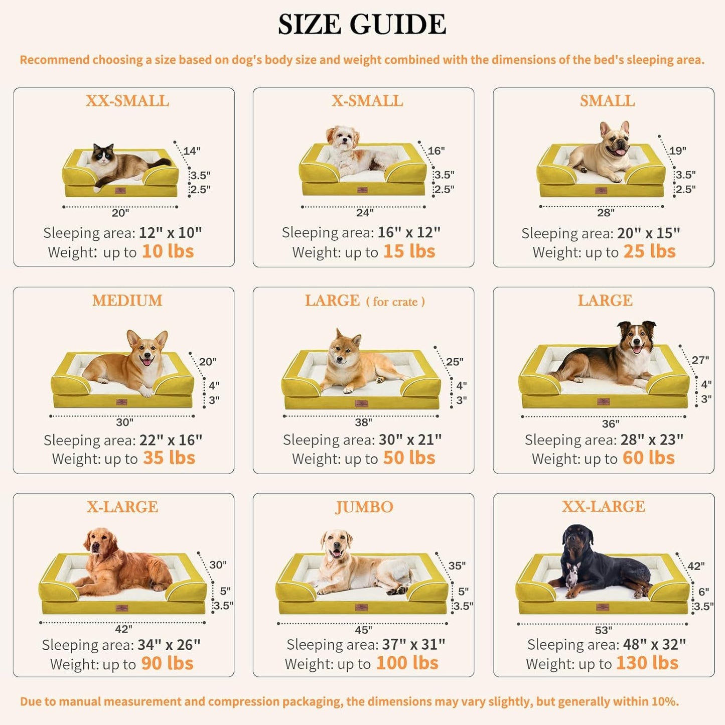 Comfort Expression Waterproof Dog Beds Large Sized Dogs, Large Dog Beds Orthopedic Foam, Comfy Pet Bed Sofa with Washable Removable Cover & Non-Slip Bottom(Spicy Mustard)
