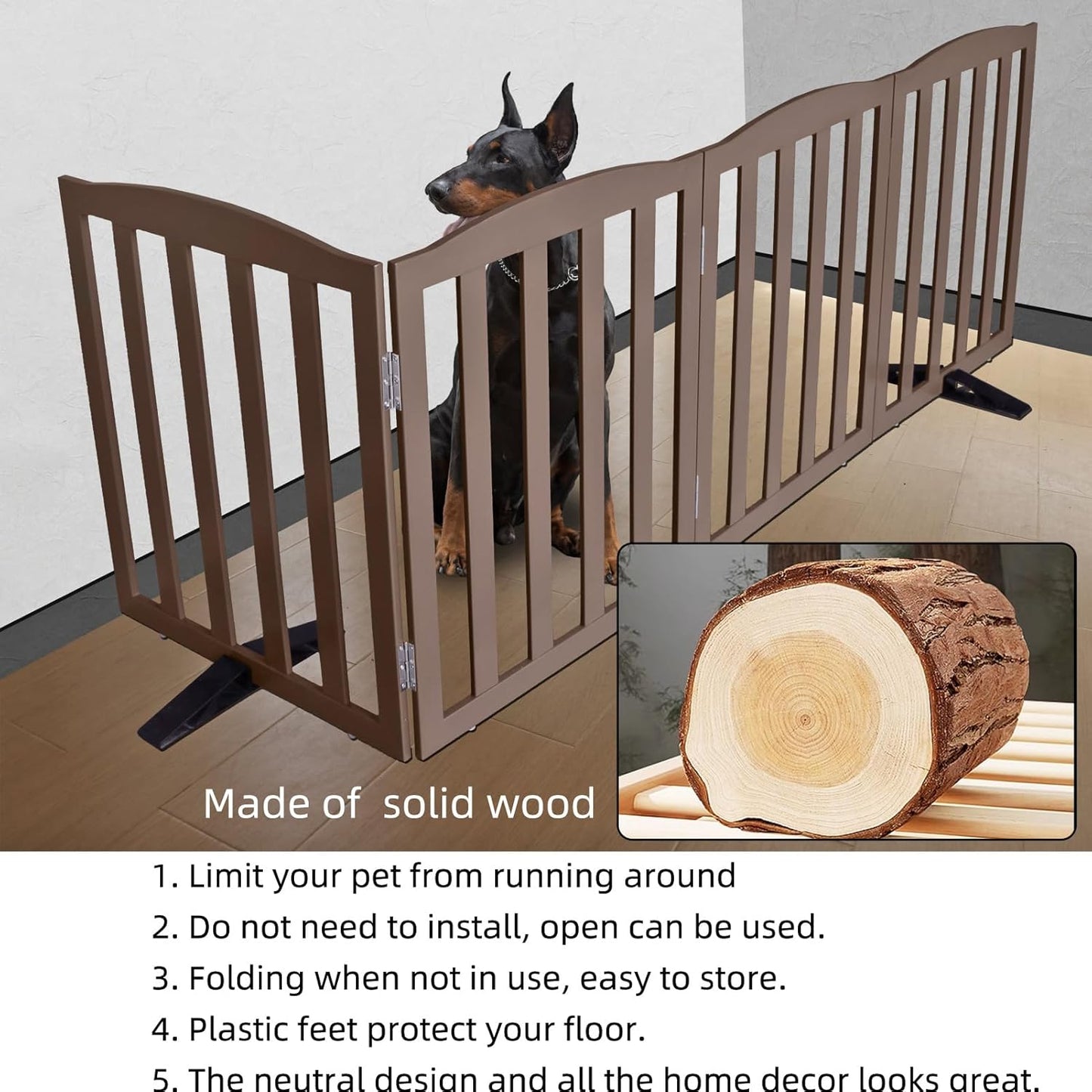 ZJSF Foldable Freestanding Indoor Dog Gate for House Wood Long Pet Gates Dog Fence for Stairs Puppy Gates for Hallways, Puppy Gate,Support Feet Included, Brown, 32 "Height-3 Panels