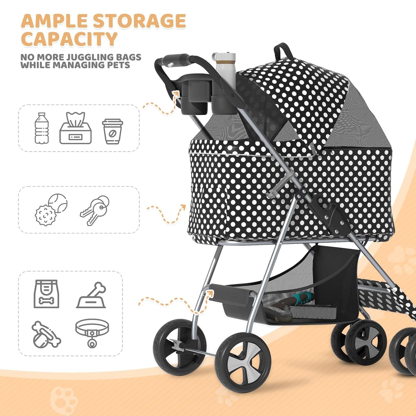 Magshion Foldable Pet Stroller, 3-in-1 Dog Travel Jogger with Detachable Carrier, Cup Holder, Storage Basket, Folding Carrier for Small/Medium Dogs & Cats Up to 33 lbs, Black Polka Dots