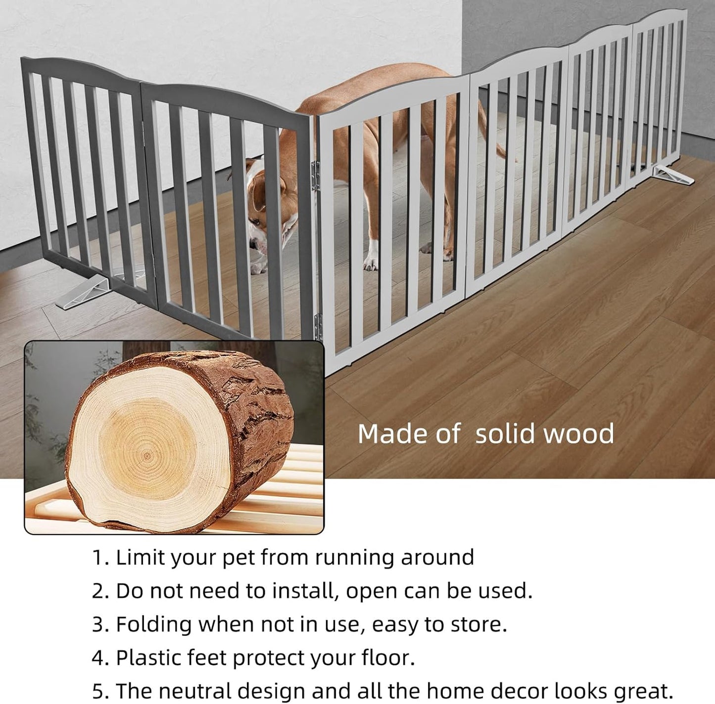 ZJSF Foldable Freestanding Indoor Dog Gate for House Wood Long Pet Gates Dog Fence for Stairs Puppy Gates for Hallways, Puppy Gate,Support Feet Included, Grey, 24 "Height-6 Panels