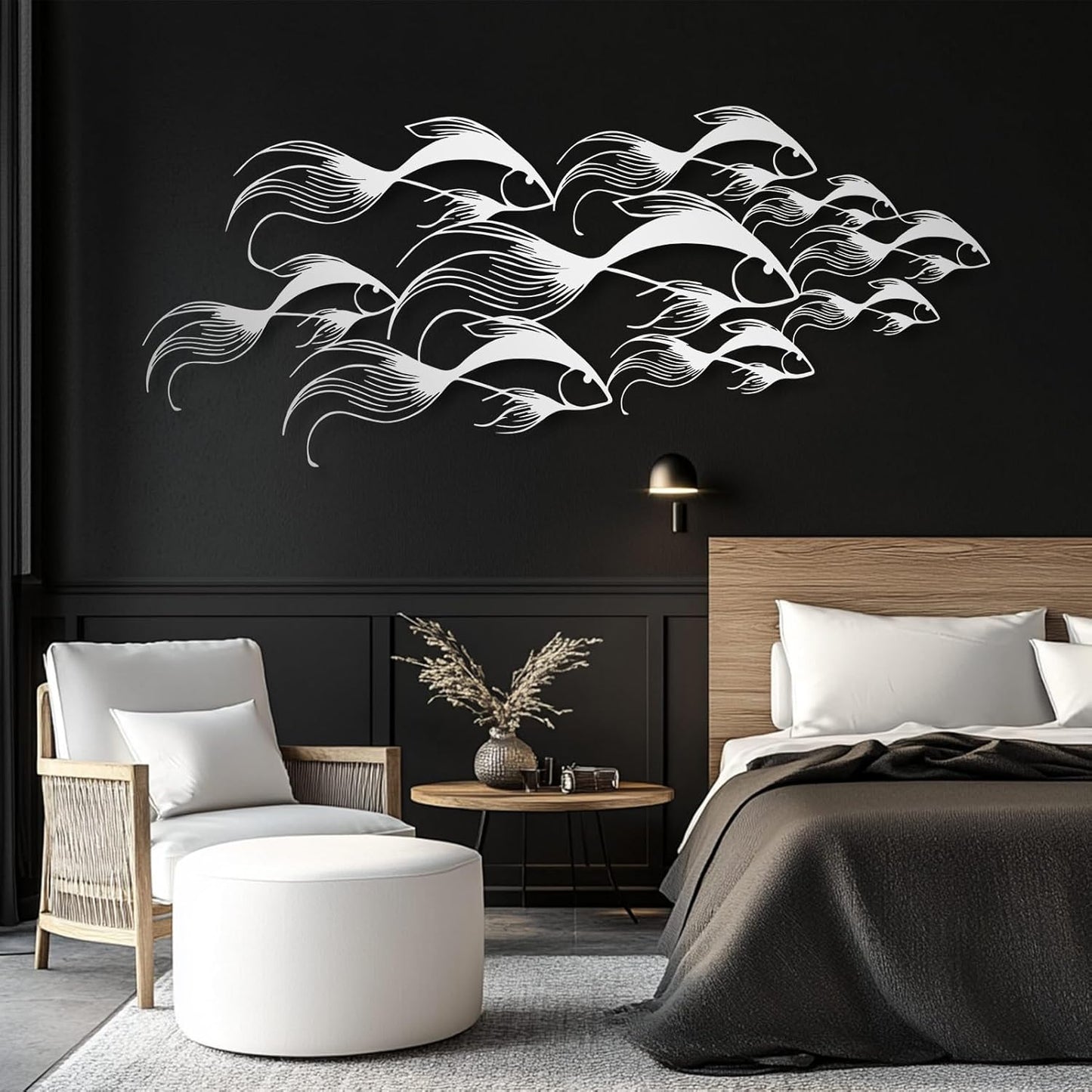 School of Fish Metal Wall Art, Metal Fish Wall Decor, Sea Life Wall Art, Large Nautical Wall Hanging, Modern Beach House Wall Decor, Ocean Themed Artwork for Bathroom (Gold, 41"x18" | 105x45cm)