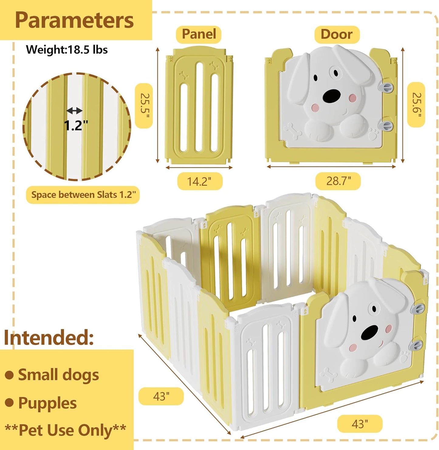 Foldable Dog Play Pen Indoors, Non-Slip Sturdy Puppy Playpen with Door, 25.5" H 10-Panel Adjustable Shape Dog Fence Pen for Small/Medium Dogs, Thickened, Easy to Store, White+Yellow