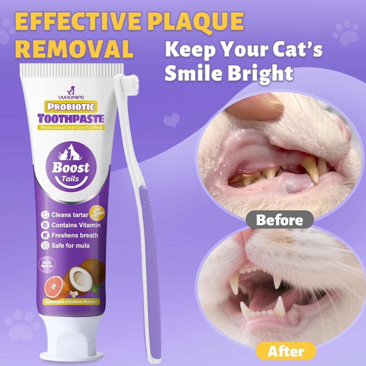 Cat Toothbrush and Toothpaste Kit - Includes Toothpaste (Coconut Chicken 2.5 oz.) Soft Brush, Finger Brush - Provides Safe and Effective Oral Care for Kittens and Adult Cats