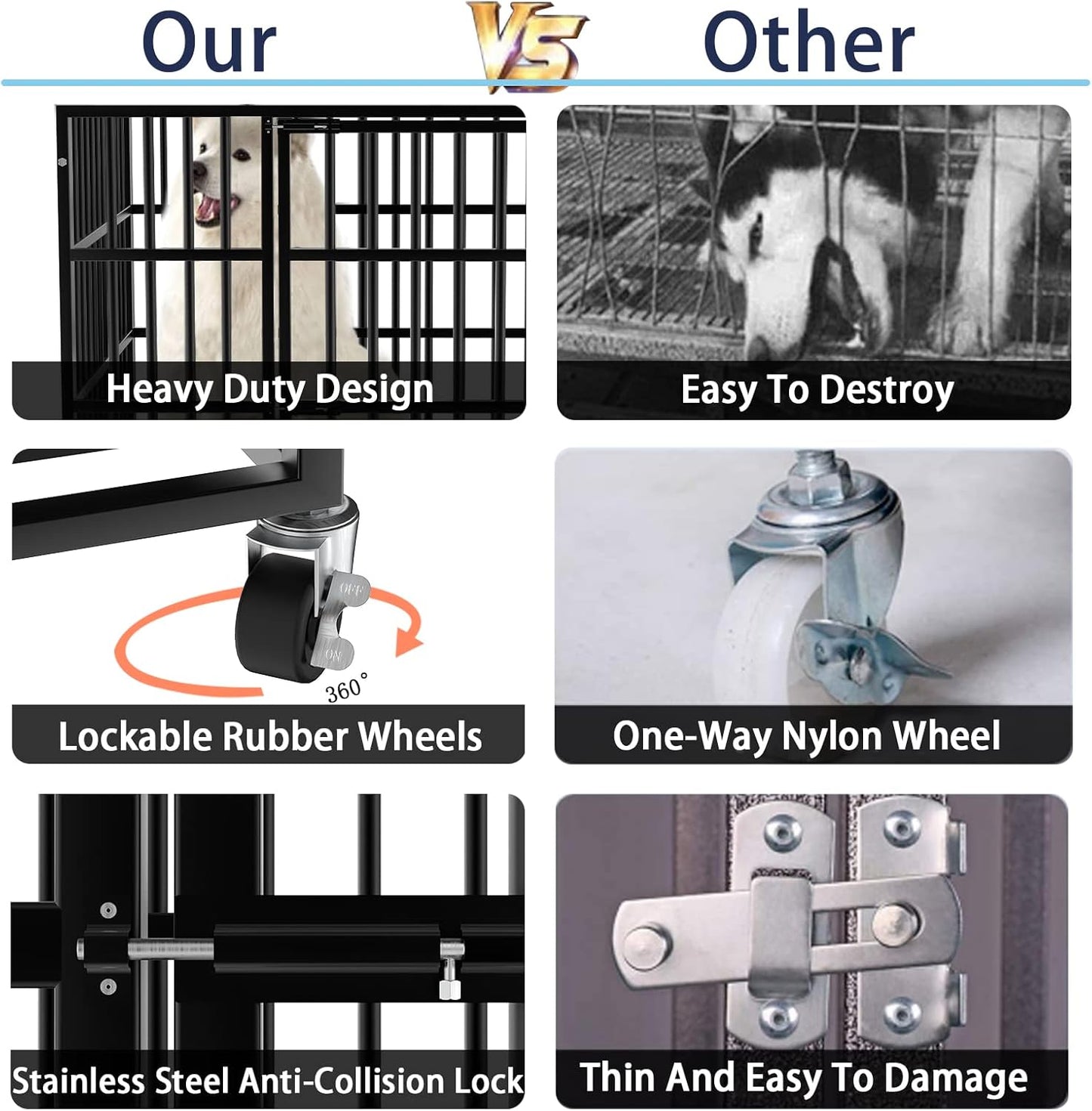 LEMBERI 48/38 inch Heavy Duty Indestructible Dog Crate, Escape Proof Dog Cage Kennel with Lockable Wheels,High Anxiety Double Door Dog Crate,Extra Large Crate Indoor for Large Dog with Removable Tray