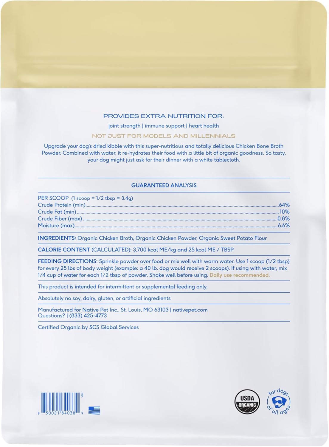 Native Pet Bone Broth for Dogs and Cats - Chicken Bone Broth Powder Dog Food Toppers for Picky Eaters - Provides Extra Nutrition for Joint Strength, Immune Support & Heart Health - 192 Scoops