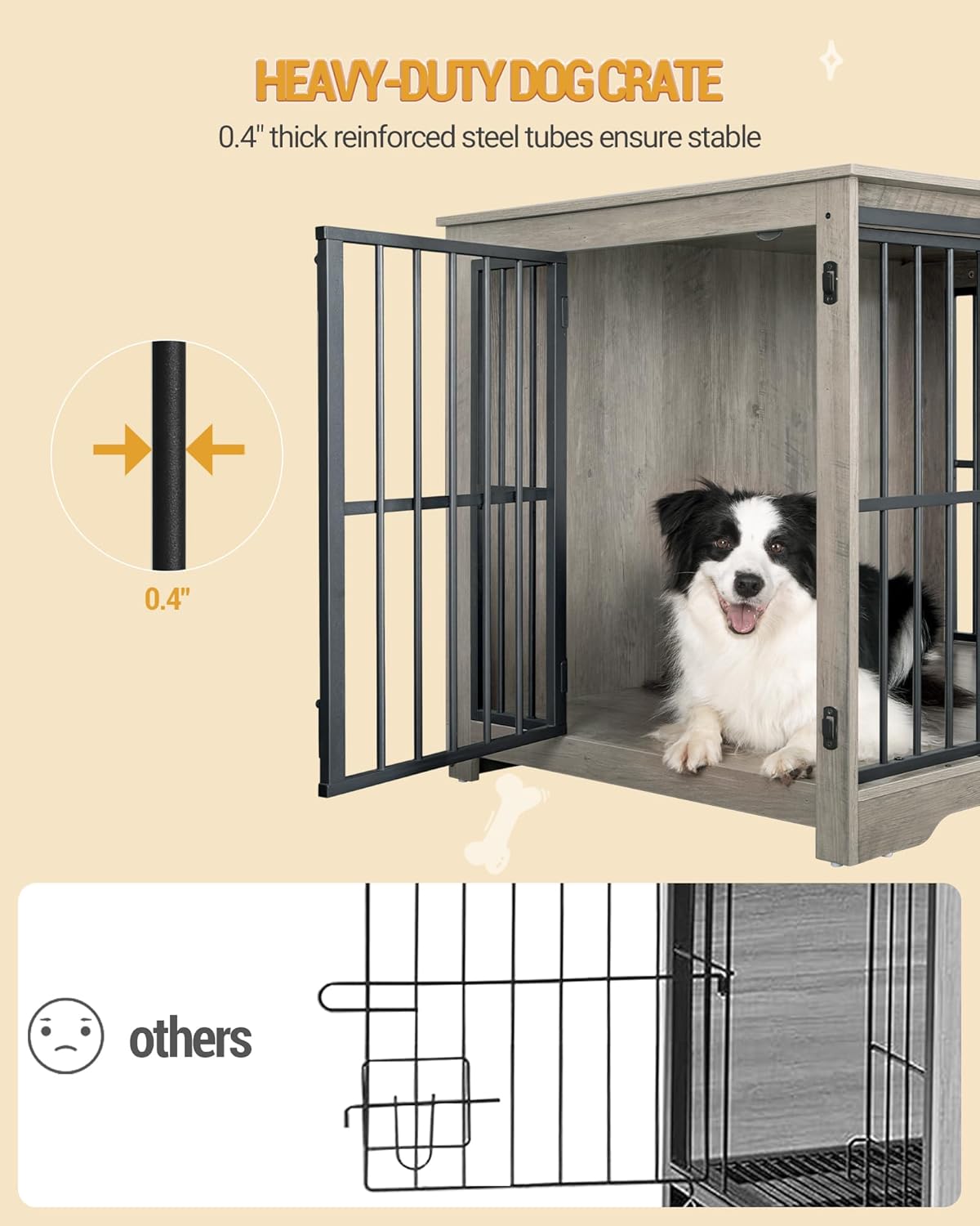 XL Large Dog Crate Furniture, 44.1" Indoor Dog Kennel Furniture with Barn Door, Wooden Tall Dog Crate, Heavy Duty Dog Cage for Large Dogs, Side End Table, Anti-Chew, Greige Black DFC80105B