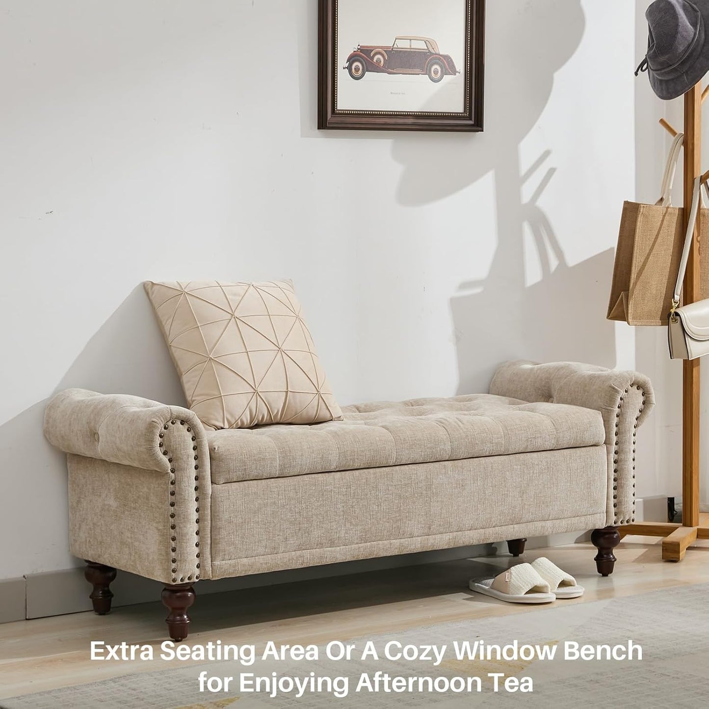 58.1'' Storage Bench Upholstered Chenille End of Bedroom Bed Bench Ottoman with Tufted Cushioned Rolled Arm Large Storage Space for Reading Living Room Entryway, Light Brown