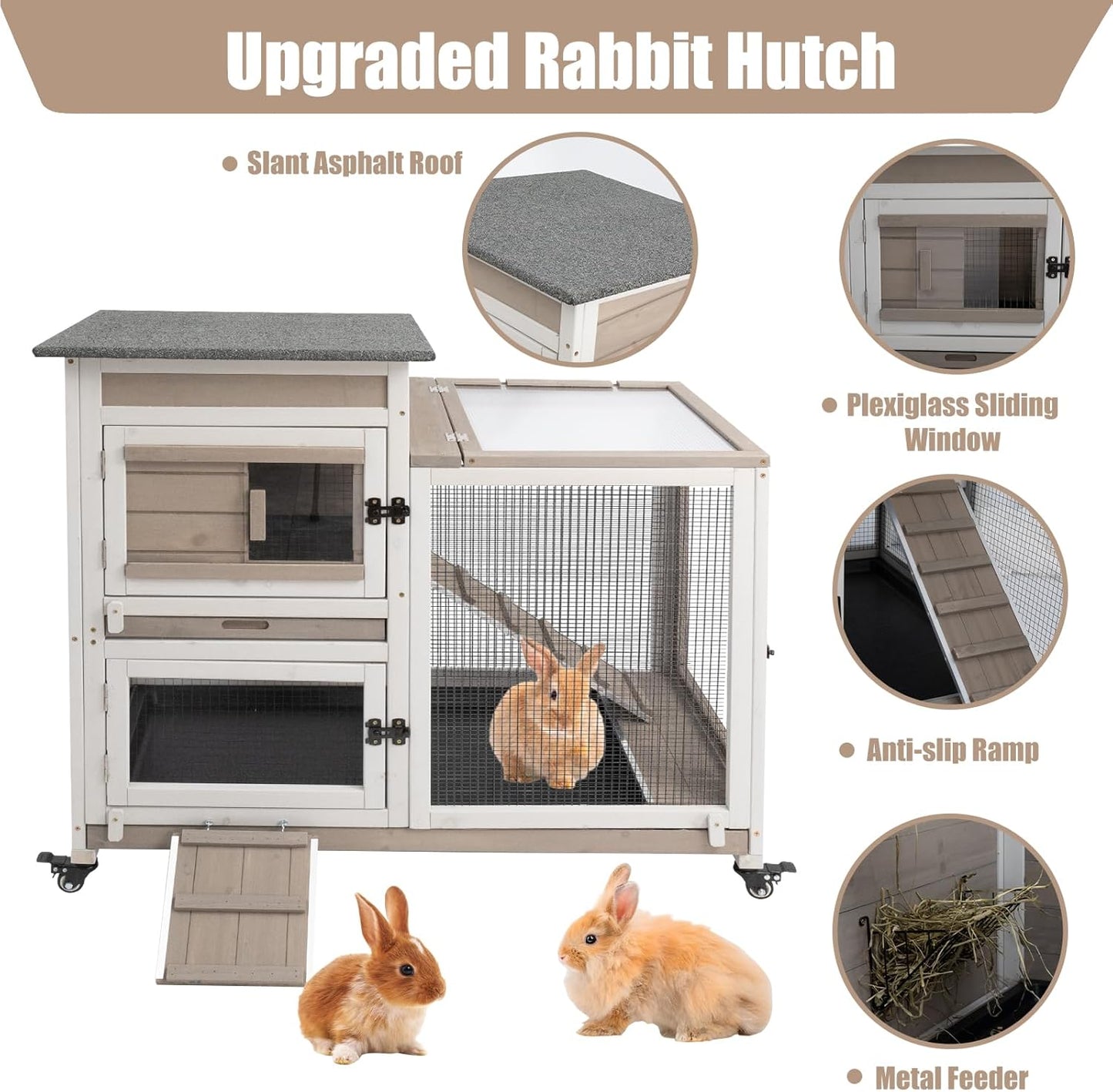 Rabbit Hutch Indoor 40" L Large 2 Story Outdoor Wooden Bunny Hutch with Run, 4 Metal Wheels & 2 Deeper Trays, UV-Proof Panel Rabbit Cage Guinea Pig Pet House for Small-Medium Animals