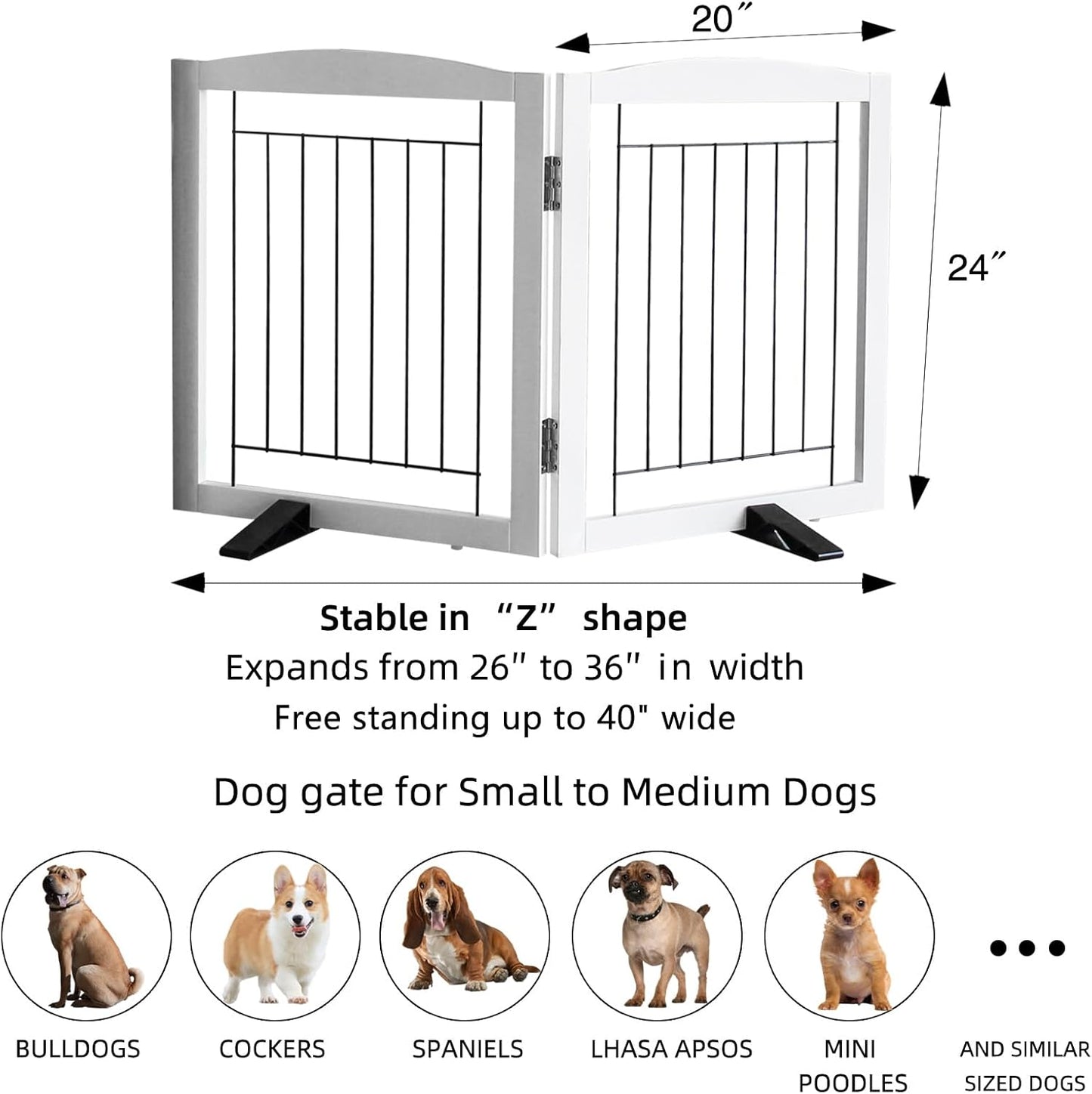 ZJSF Freestanding Dog Fence Indoor, Foldable Dog Gate for Doorways, Stairs or Hallways, Sturdy Wood Extra Wide Pet Gate with Support Feet for The House, White, 24 "Height-2 Panels