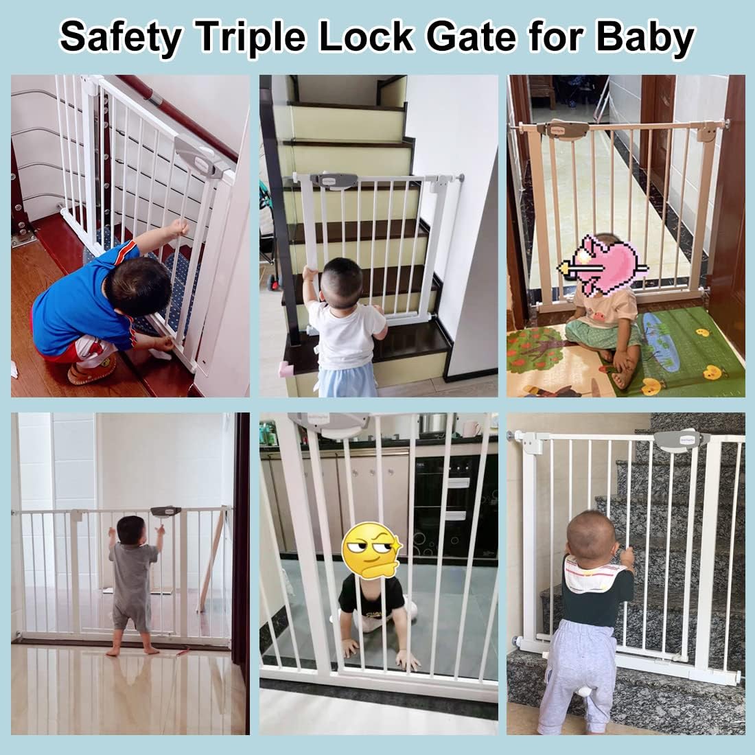 WAOWAO Triple Lock Baby Gate Extra Wide 35.04-38.97" Pressure Mounted Walk Through Swing Auto Close Safety Black Metal Dog Pet Puppy for Stairs