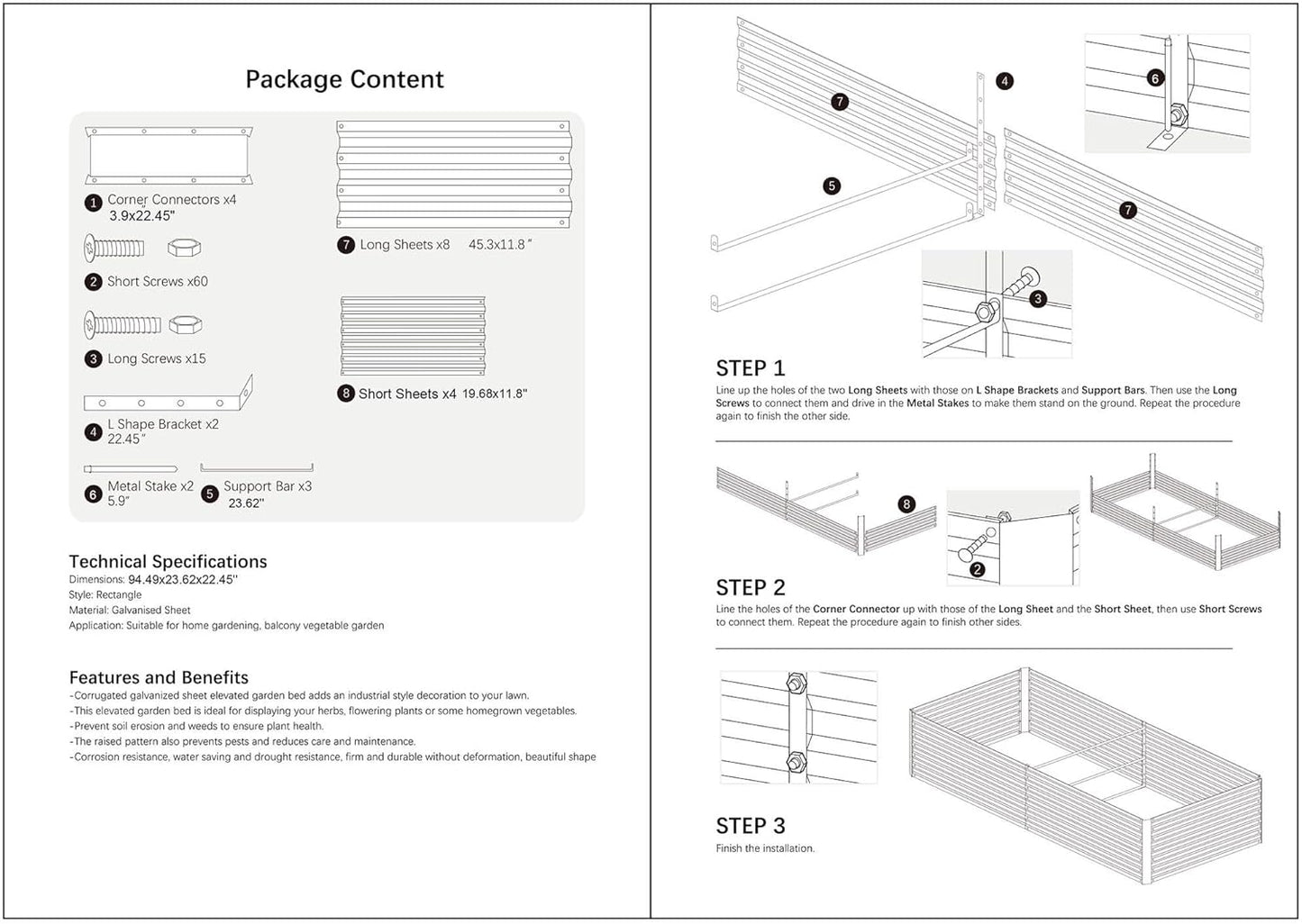 8x2x2FT Metal Raised Garden Bed Kit, Galvanized Outdoor Garden Bed Planter Box for Vegetables, Flowers, Herbs, Succulents and More, Black