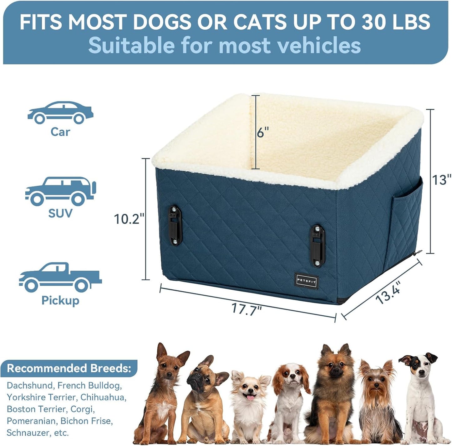 PETSFIT Pet Car Seat for Small Dogs, Soft Foam Dog Booster Car Seat with Patented Safety Buckles, Storage Pockets and Detachable Clip-On Safety Leash, Dog Carseat for Small Dogs Under 30 LBS (Blue)