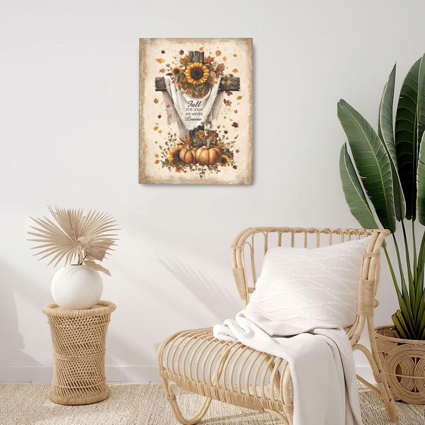 Christian Fall Wall Art Autumn Rustic Cross Sunflower Pumpkin Wall Decor Fall for Jesus He Never Leaves Pictures Painting Print Framed Artwork Decorations Gifts for Living Room Bedroom Prayer Room Office 16"x20"