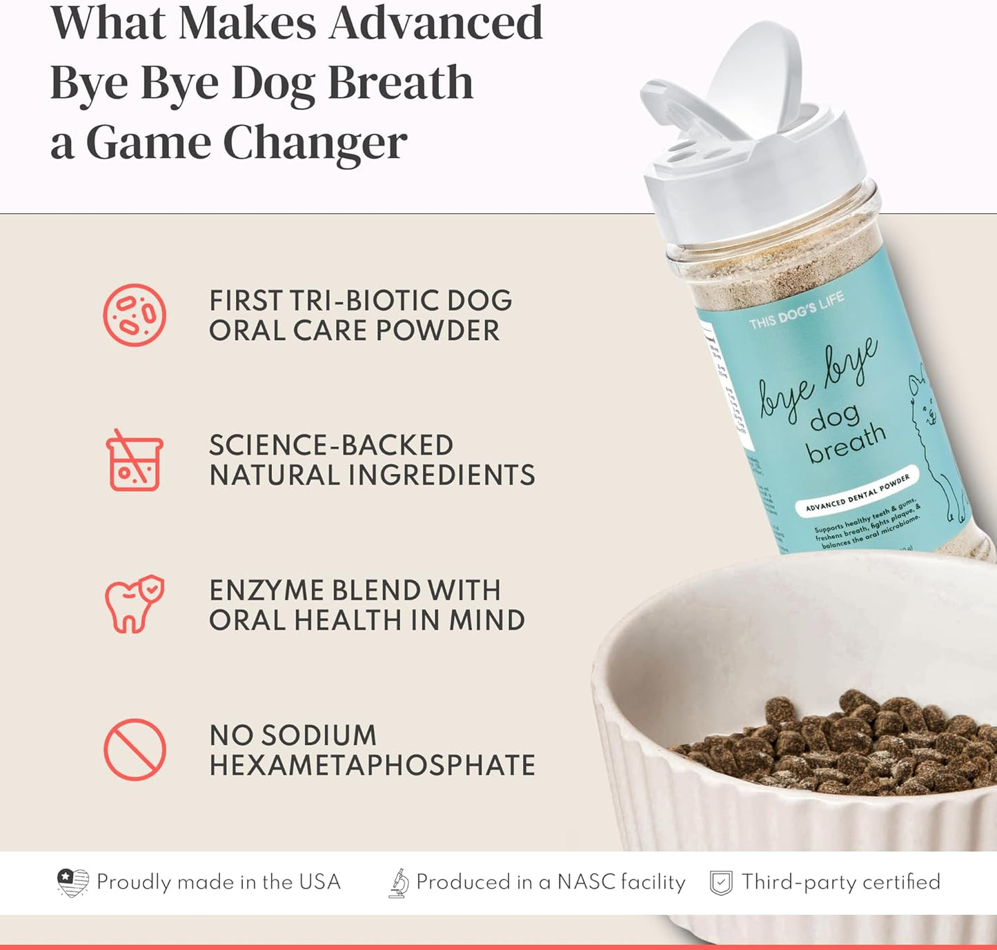 Dog Dental Powder – Vet Formulated - Cleans Teeth, Freshens Breath, Fights Plaque and Tartar – Natural Ingredients - 19 Active Ingredients - Oral Dog Probiotic - No Brushing - Made in USA