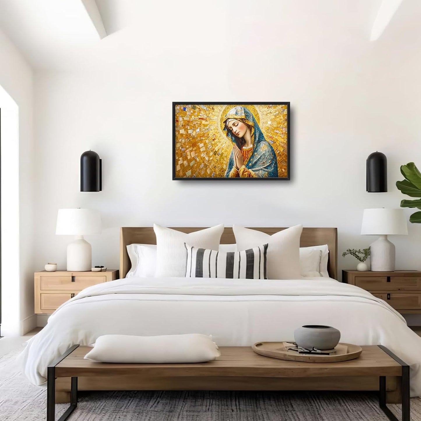Extra Large Virgin Mary Framed Wall Art for Living Room,Oversized Golden Christian Religious Pictures Wall Decor,Canvas Print Painting Modern Artwork Bedroom Office Bathroom 36L" x 24W"