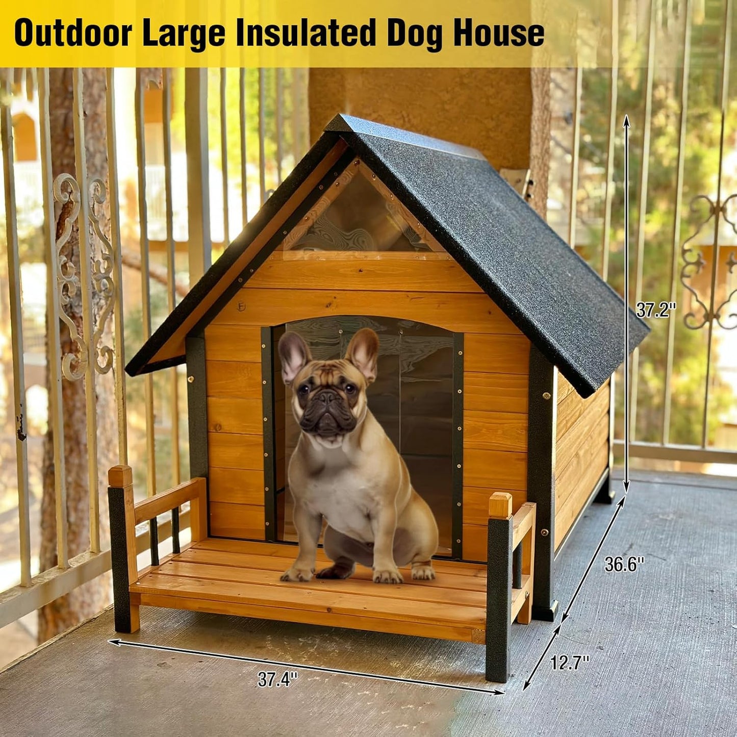 AIVITUVIN Outdoor Dog House with Anti-Chewing Iron Surround Insulated Liner Dog Kennel for Large Breed Dog Shelter Weatherproof (Brown 50.9" D x 37.4" W x 37.2" H)