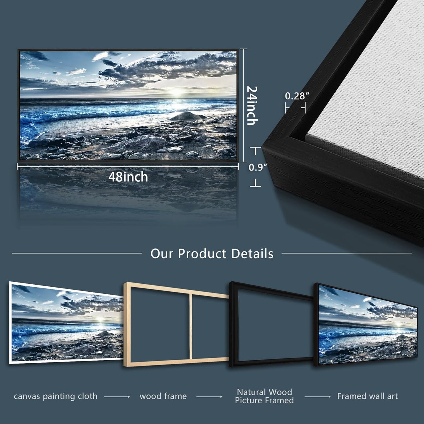 Wapluam Large Canvas Prints Wall Decorations For Living Room Wall Art For Bedroom Office Wall Decor Scenery Wall Painting Blue Sea Pictures Artwork For Fashion Black Framed Beach Posters Home Decor