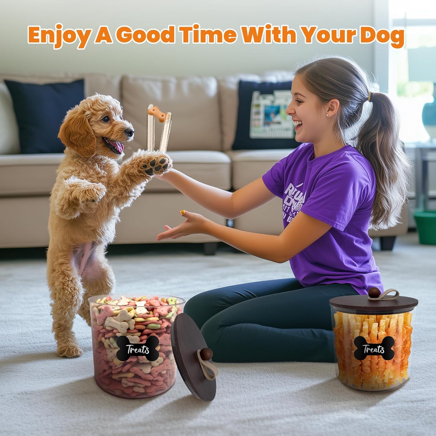 2 Pack Airtight Dog Food Storage Container,Dog Treat Container Dog Treat Jar with Wood Lids 6x5'',Pet Food Storage Container,Cat Food Container with Scoops,Food Tong,Labels,Pen