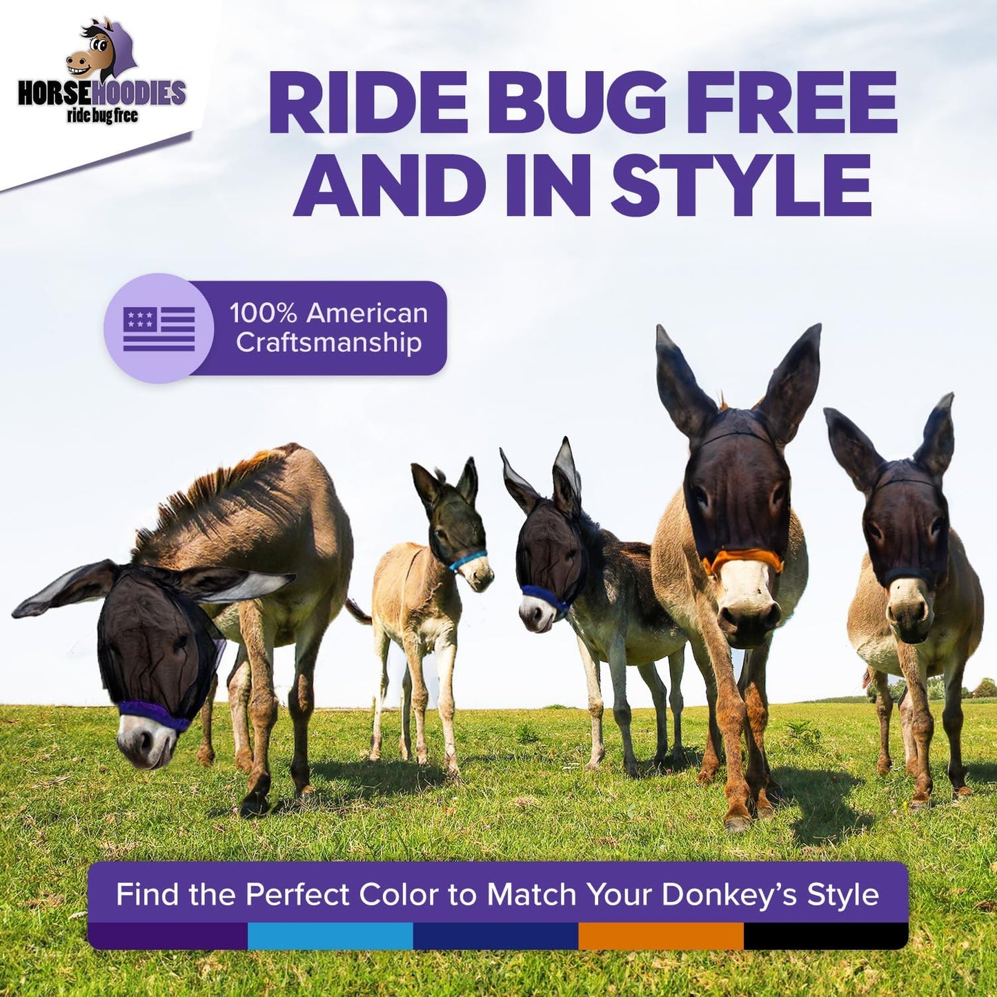 Donkey Fly Mask with Long Ears (Black) Made in USA - Mule Fly Mask with Ears Protection from Insects and Bugs, Mini Donkey Soft Mesh Fabric with Adjustable Fastener, Face Cover Supplies for Donkeys