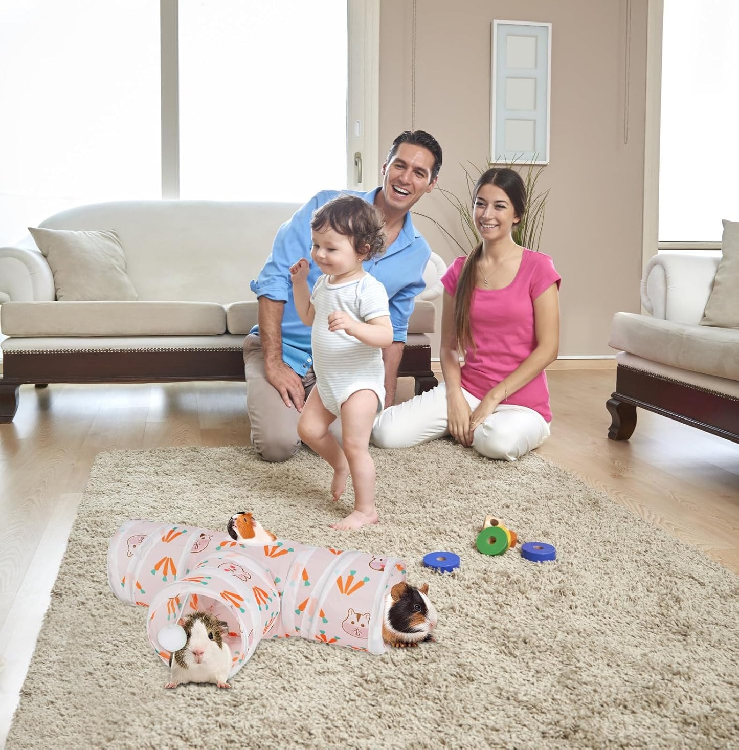 Rypet Guinea Pig Tunnel 3 Way Collapsible Small Pet Tunnels and Tubes with Interactive Ball for Baby Rabbit Ferret Hamster Chinchilla Hedgehog Hiding and Resting-White