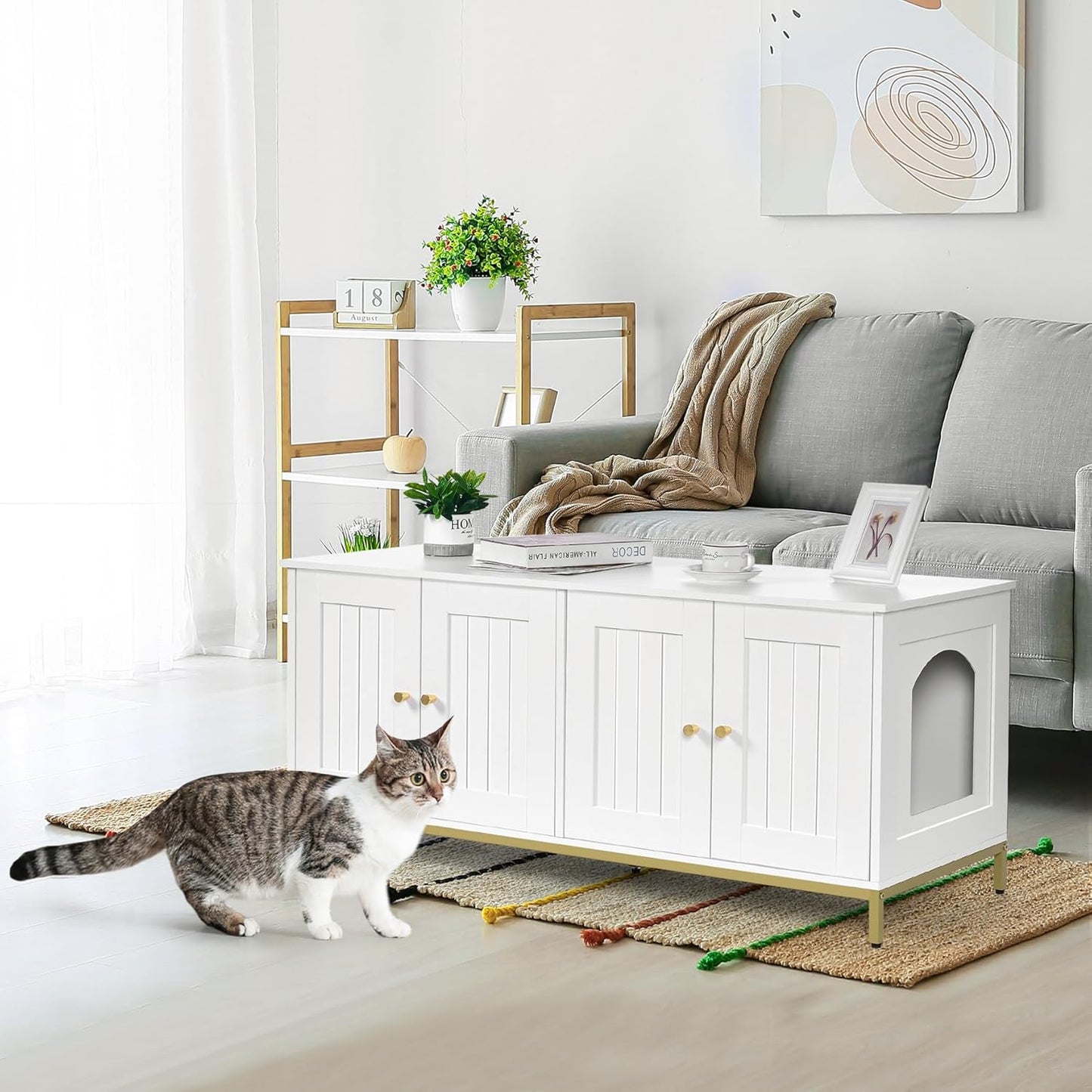 Homhedy Cat Litter Box Enclosure for 2 Cats, Cat Washroom Furniture with Double Room, Pet House with Metal Frame, 47.2”L x 17.7”W x 21.7”H, White and Gold