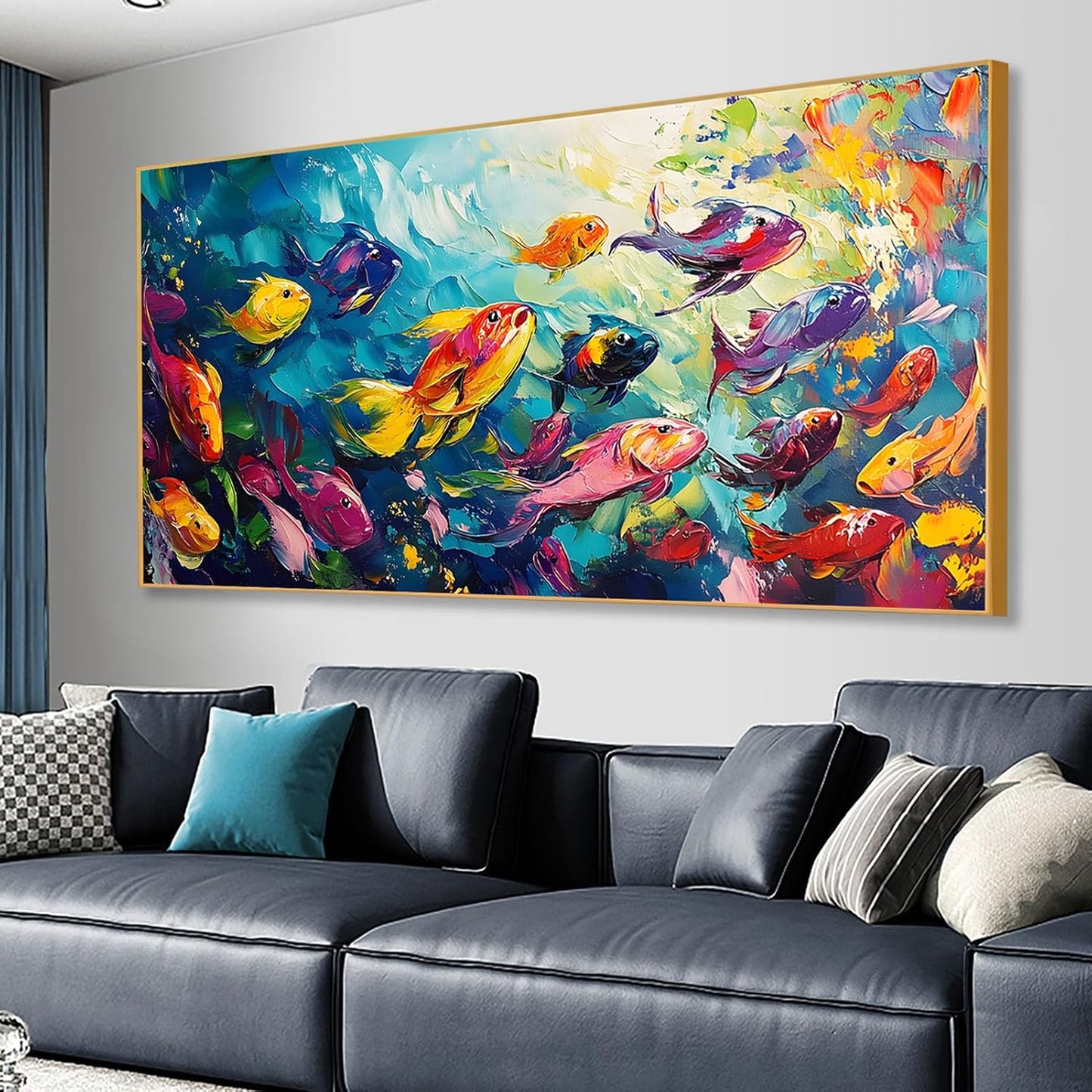 School of Fish Printed Canvas Wall Art – Framed Abstract Ocean Print – Vibrant Fish Wall Decor for Living Room, Bedroom, Office (Black Framed, 62"x31"|160x80cm)
