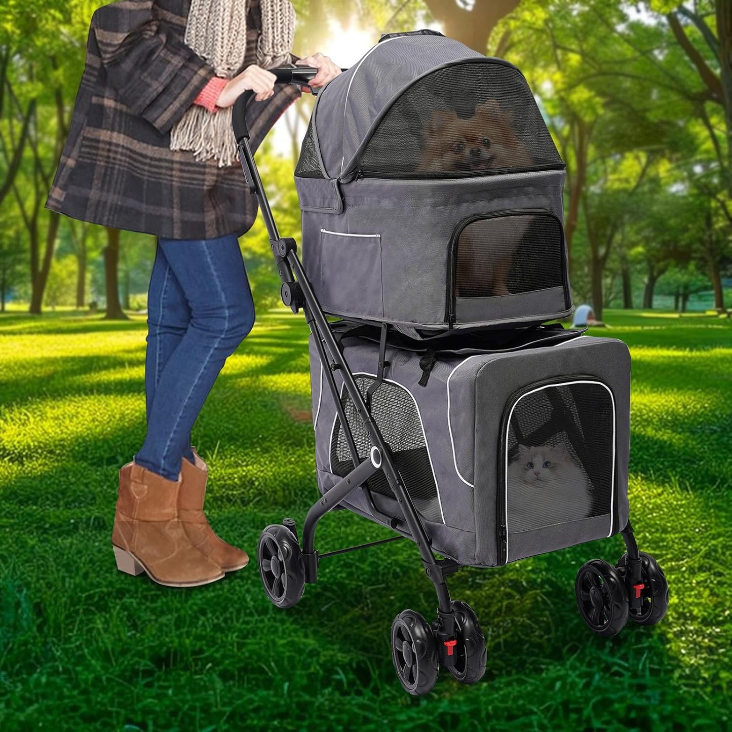 2 Tiers Pet Stroller,4 Wheel Dog Stroller Cat Strollers,3.07lbs Pet Gear Foldable Jogger Travel Cart,Grey Cat Carrying Cart with Storage Basket for Small Medium Pet (Grey)