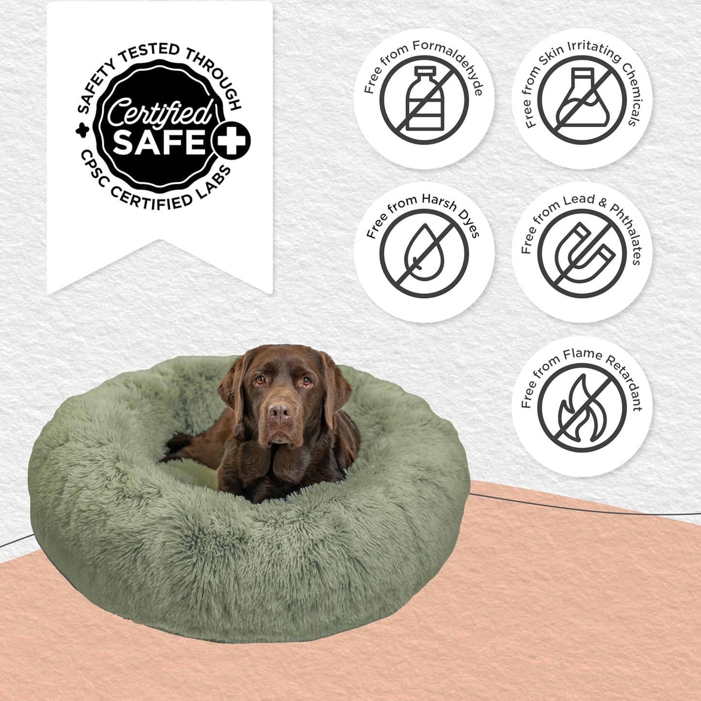 Best Friends by Sheri Original Calming Donut Dog and Cat Bed, Shag Faux Fur, Sage Green, (36in x 36in) - Anxiety Relief for Pets Up to 100 lbs
