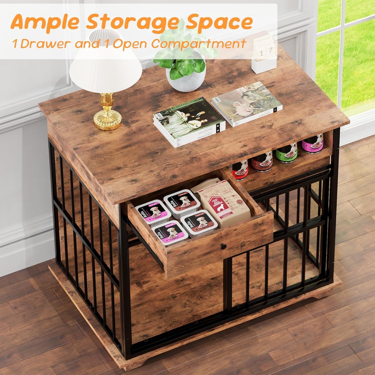 35.5" Dog Crate Furniture, Wooden Dog Crate Furniture for Medium Small Dogs, Wooden Dog Kennel End Table with Drawer and Open Shelves, Sliding Door Dog Kennel Furniture