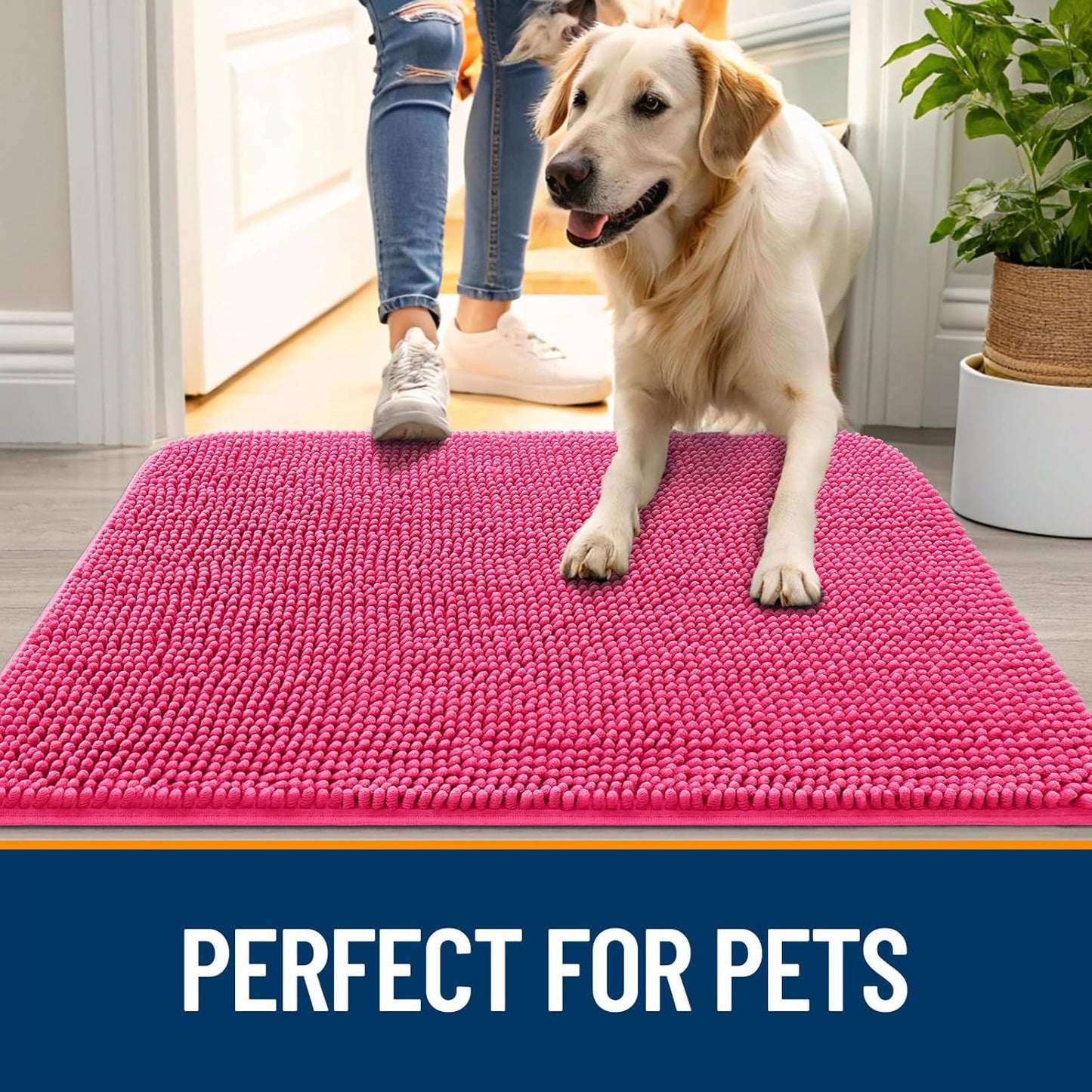 OLANLY Dog Door Mat for Muddy Paws 59x35, Absorbs Moisture and Dirt, Absorbent Non-Slip Washable Doormat, Quick Dry Chenille Mud Mat for Dogs, Entry Indoor Entryway Carpet for Inside Floor, Hot Pink