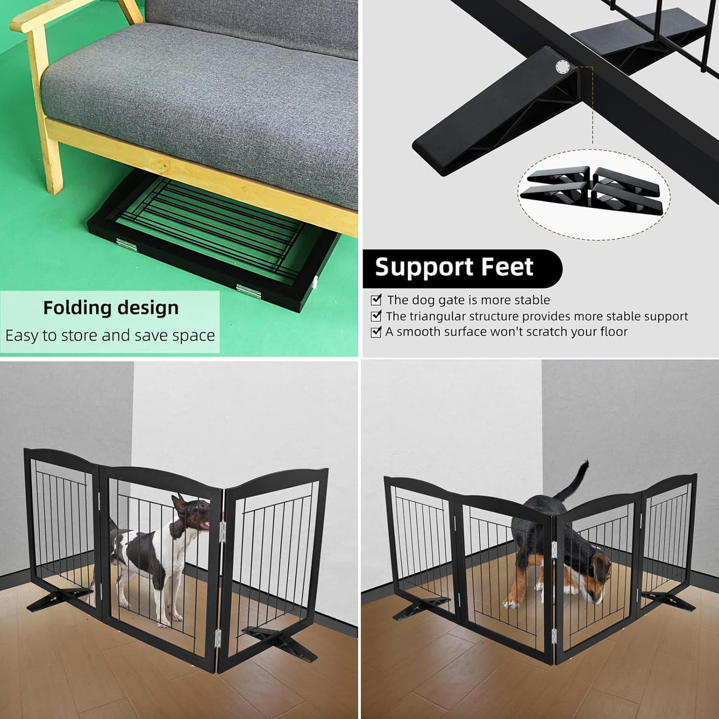ZJSF Freestanding Dog Fence Indoor, Foldable Dog Gate for Doorways, Stairs or Hallways, Sturdy Wood Extra Wide Pet Gate with Support Feet for The House, Black, 24 "Height-3 Panels