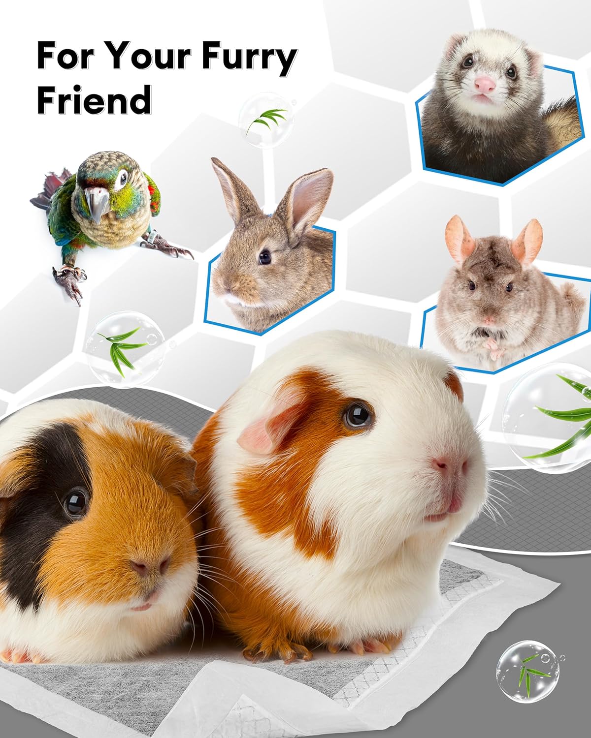 BUCATSTATE 50 Count Disposable Guinea Pig Cage Liners, Super Absorbent Guinea Pig Bedding, Bamboo Charcoal Odor Control Pee Pads for Rabbits, Ferrets and Small Animals (18''x24'')