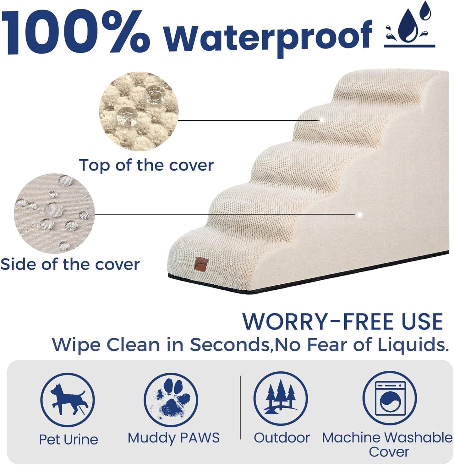 GoGoBunny Ramp Dog Stairs for High Beds 22.6" H, 5-Step Dog Slope Stairs with Durable Waterproof Fabric Cover, Pet Steps for Old Large Dogs Climbing, Non-Slip Sturdy Indoor Step, Beige