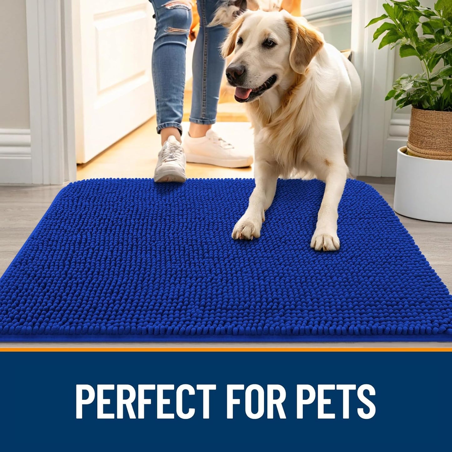 OLANLY Dog Door Mat for Muddy Paws 59x20, Absorbs Moisture and Dirt, Absorbent Non-Slip Washable Doormat, Quick Dry Chenille Mud Mat for Dogs, Entry Indoor Entryway Carpet for Inside Floor, Royal Blue