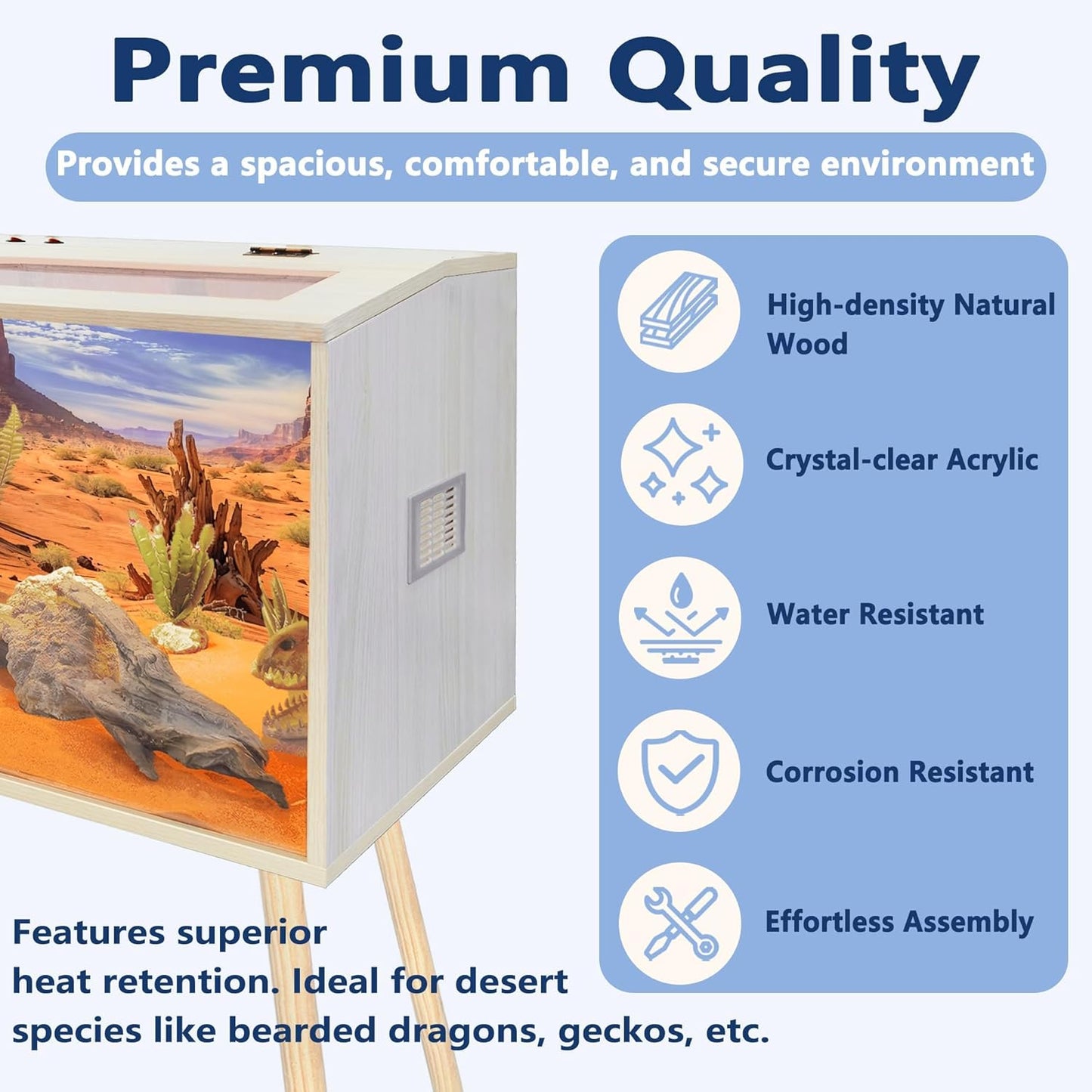 Prolee Reptile Terrarium, Lizard Tank Up to 68 Gallons, Bearded Dragon Tank with Roof Door, Snake Tank with Built-in Lamp Fixture and Switch, with Leg Stand (Oak, 68 Gallons, 48" Length)