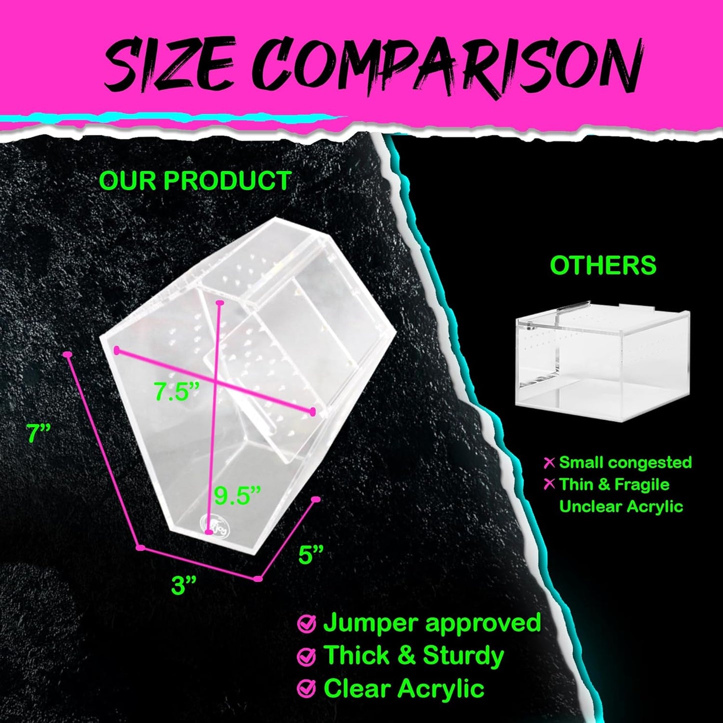 Coffin Shaped Jumping Spider Enclosure 9.5”x7.5”x5” Tarantula Enclosure Reptile Terrarium w/Sliding Magnetic Door. Great Reptile Tank Acrylic Aquarium Spider Box for Terrestrial or Arboreal Animal.
