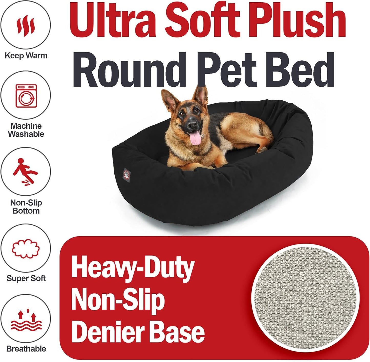 Majestic Pet 52 Inch Suede Shredded Memory Foam Mix Calming Extra Large Dog Bed Washable 52 x 35 x 11 (Inch) - Cozy Soft Round Donut Dog Bed with Spine for Head Support - Pet Bed Black