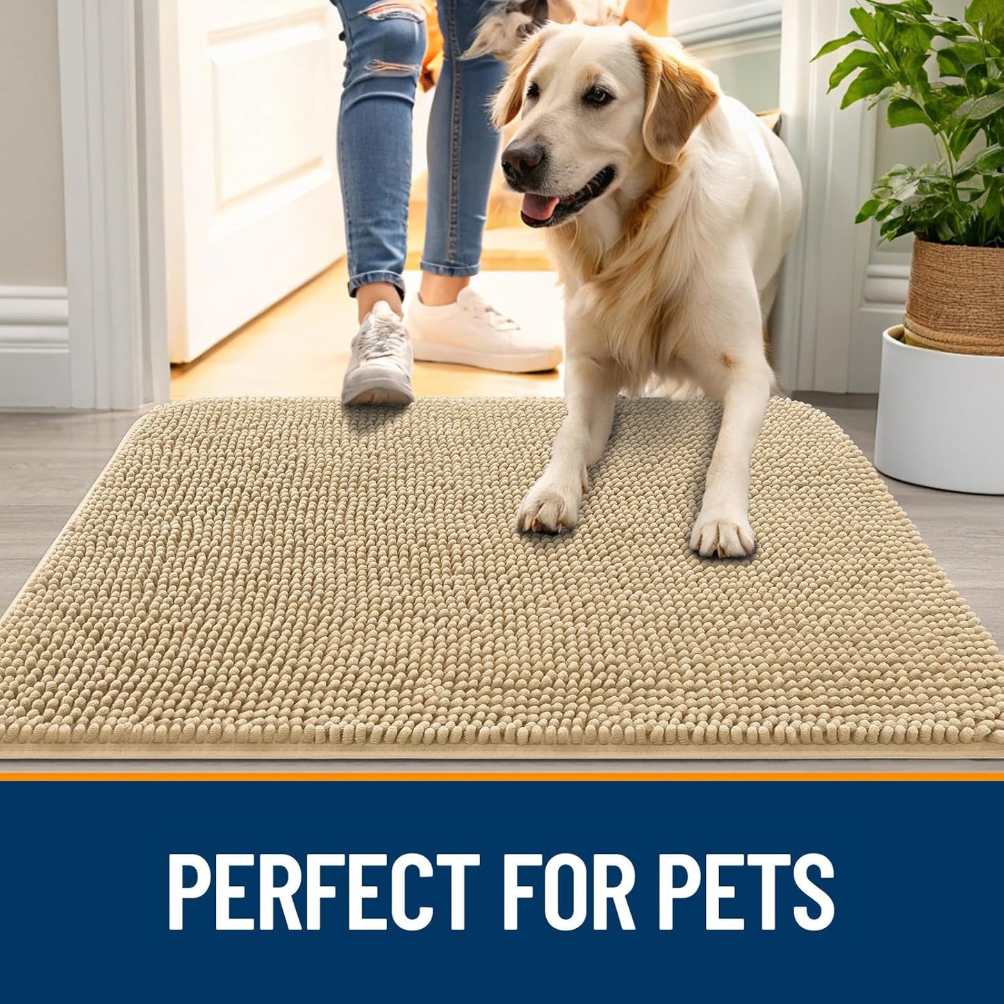 OLANLY Dog Door Mat for Muddy Paws 45x27, Absorbs Moisture and Dirt, Absorbent Non-Slip Washable Doormat, Quick Dry Chenille Mud Mat for Dogs, Entry Indoor Entryway Carpet for Inside Floor, Beige